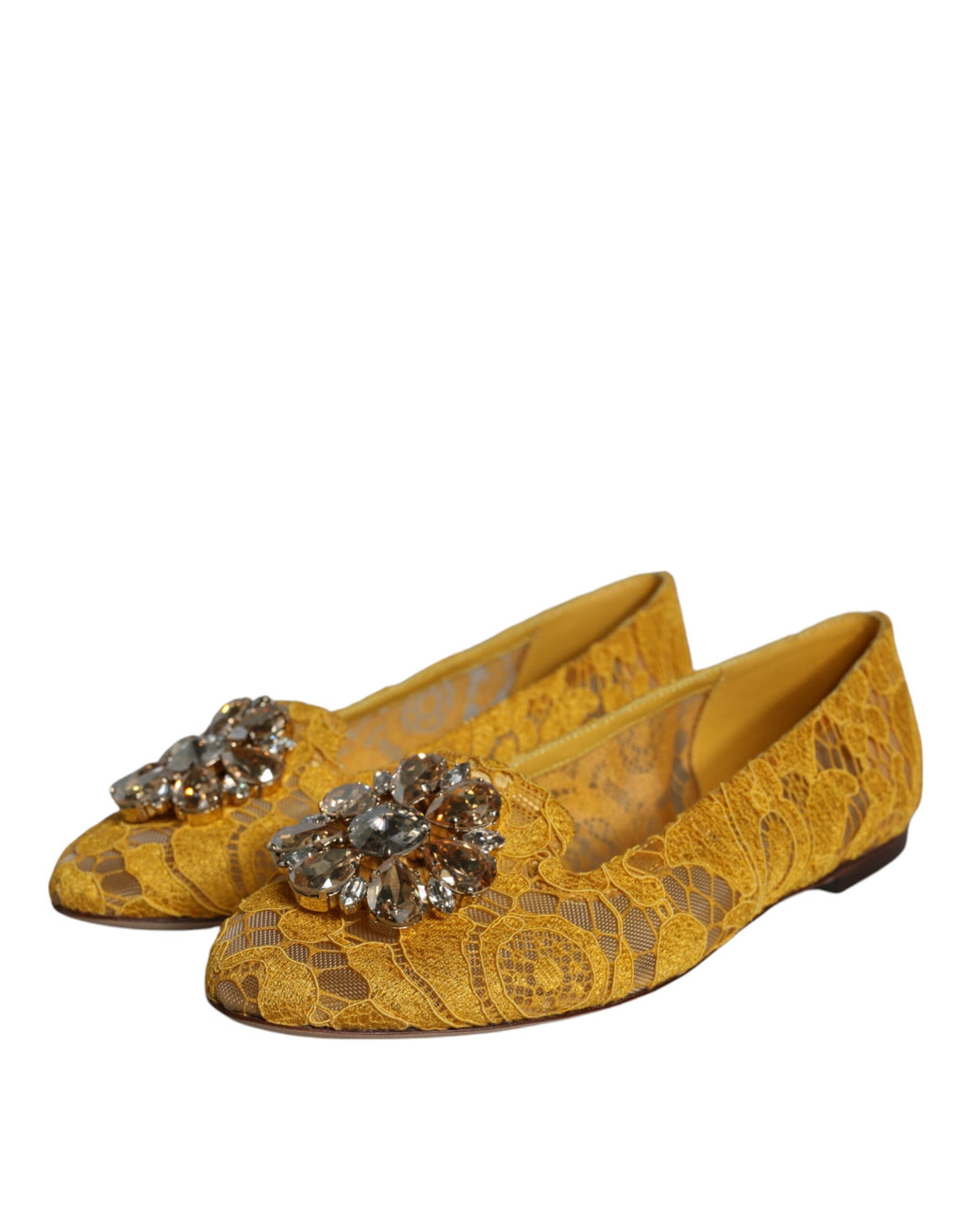 Senfgelbe Loafer-Schuhe mit Kristallen und Spitze