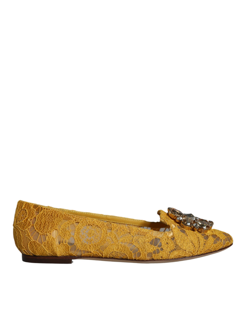 Senfgelbe Loafer-Schuhe mit Kristallen und Spitze
