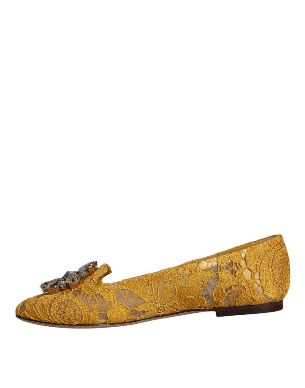 Senfgelbe Loafer-Schuhe mit Kristallen und Spitze
