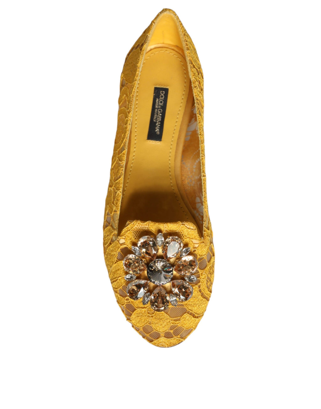 Senfgelbe Loafer-Schuhe mit Kristallen und Spitze