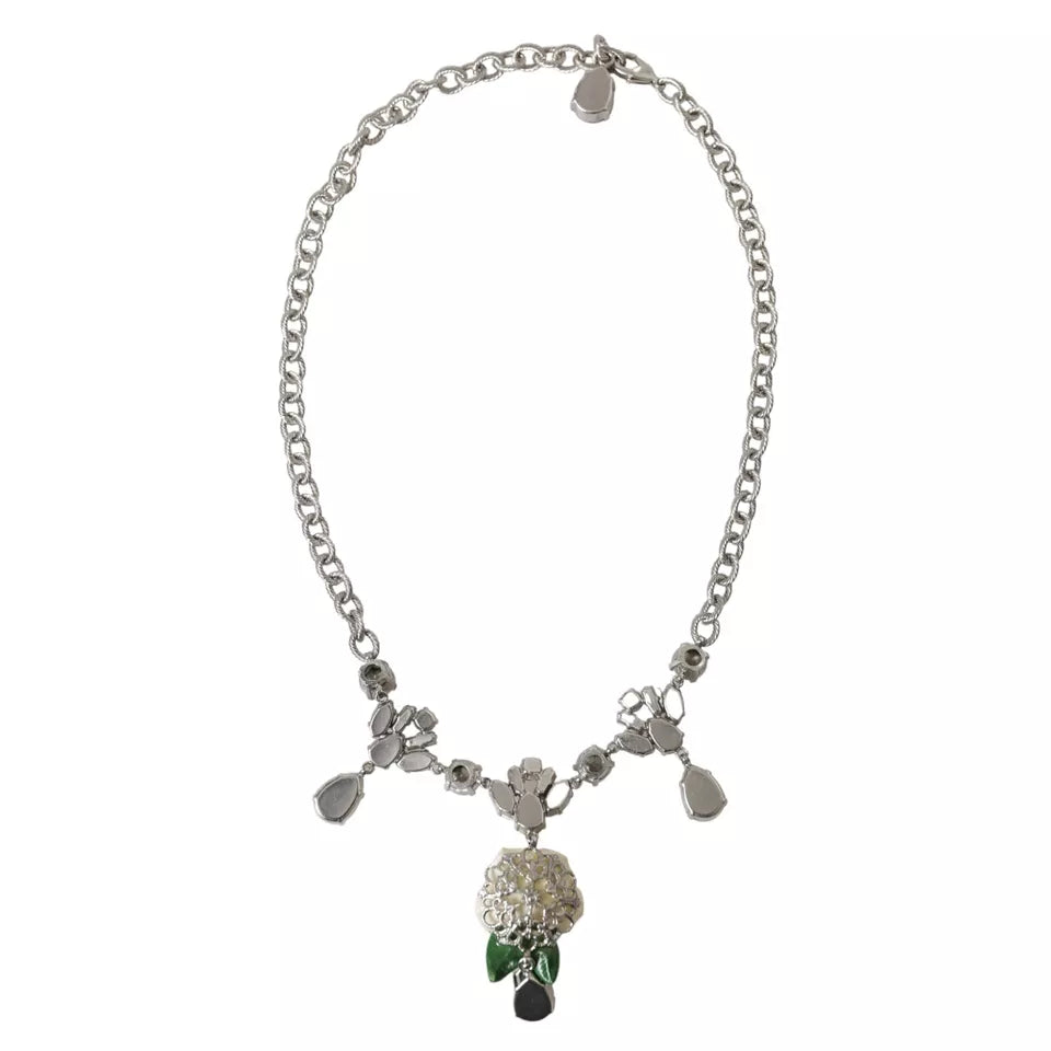 Halskette mit Rosenanhänger aus Messing in Silber mit klarem Kristall