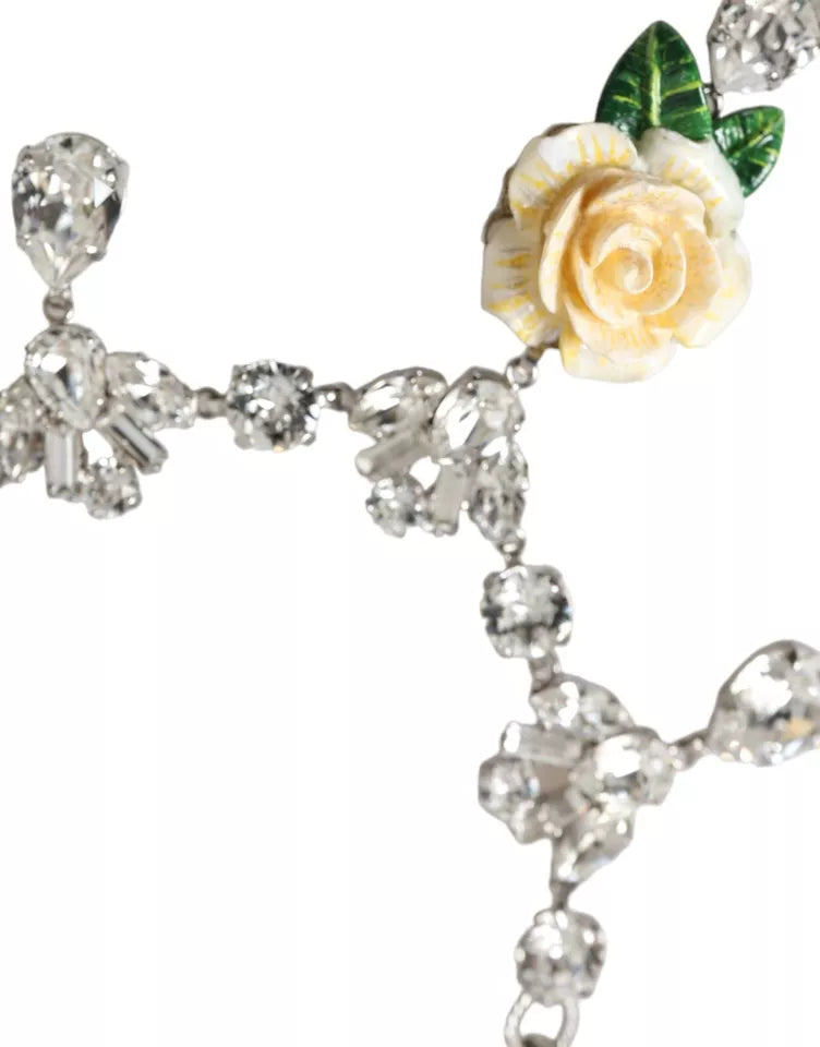 Halskette mit Rosenanhänger aus Messing in Silber mit klarem Kristall
