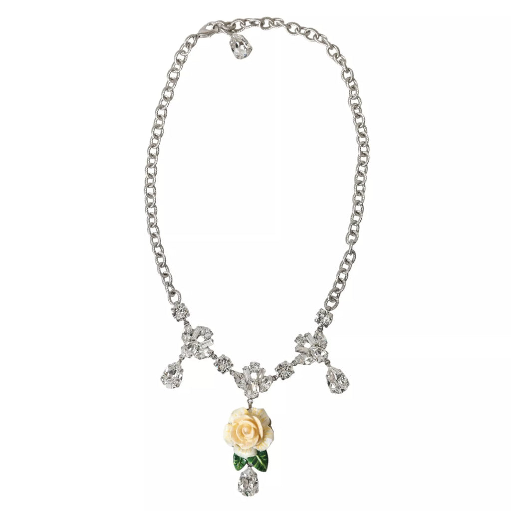 Halskette mit Rosenanhänger aus Messing in Silber mit klarem Kristall