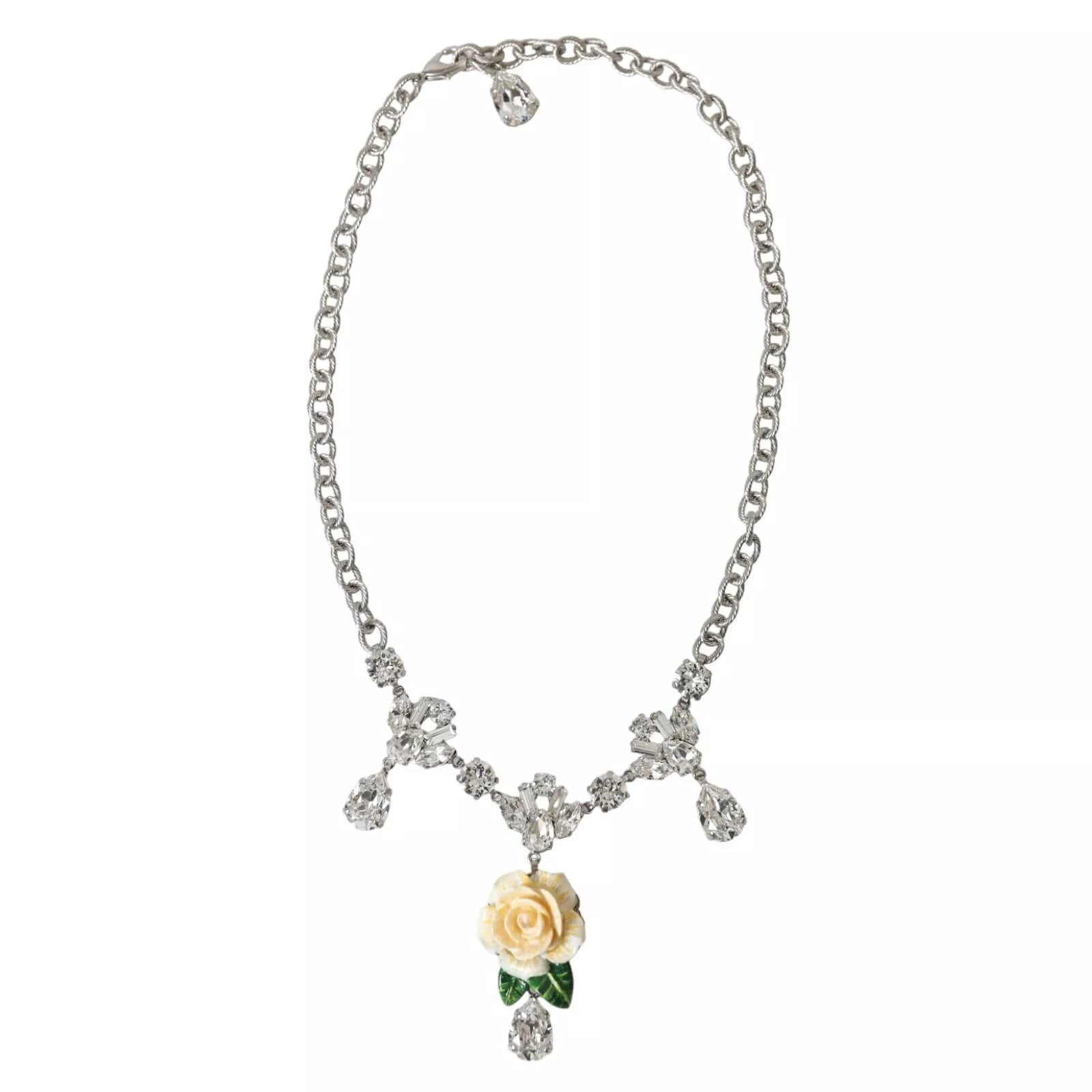 Halskette mit Rosenanhänger aus Messing in Silber mit klarem Kristall