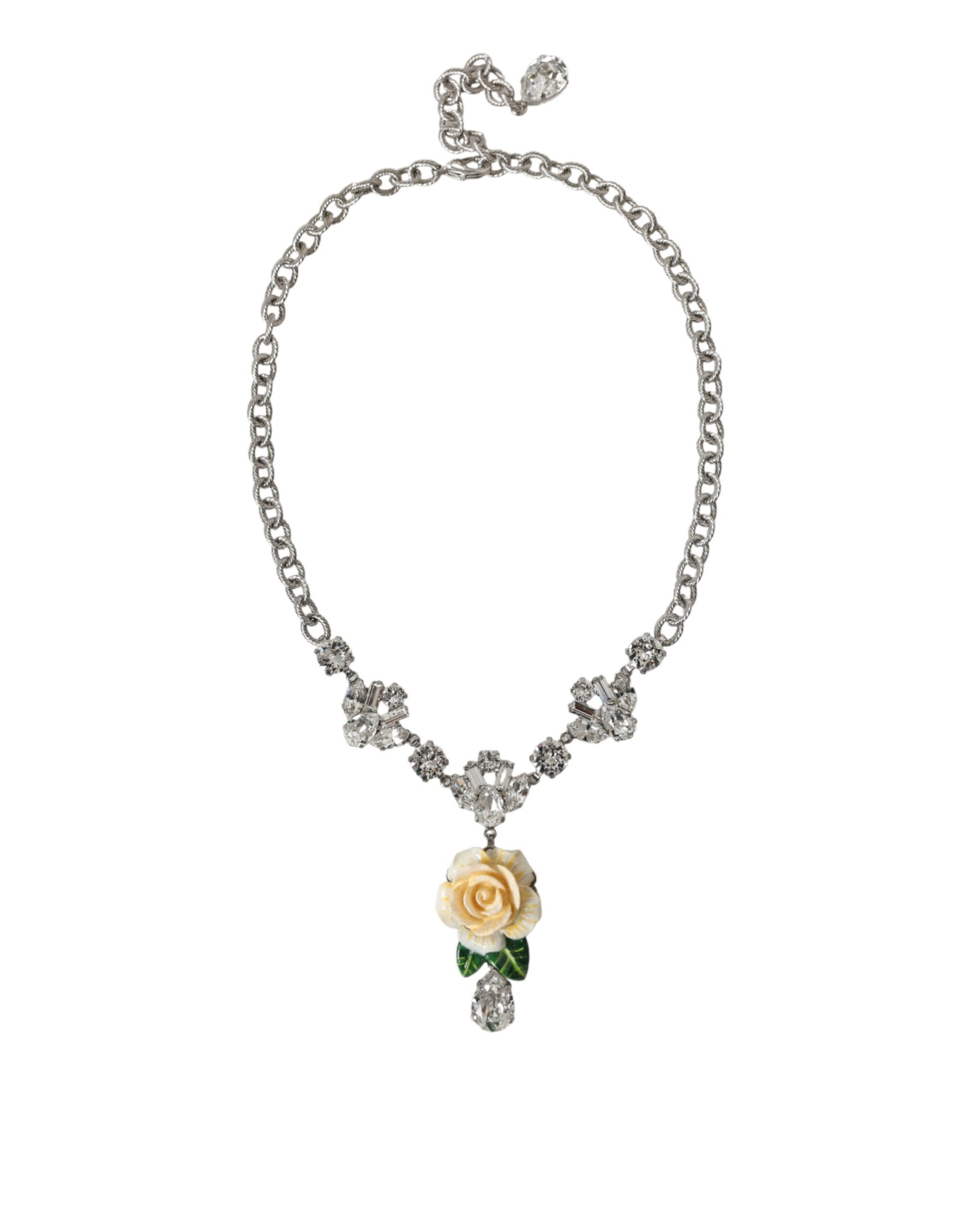 Halskette mit Rosenanhänger aus Messing in Silber mit klarem Kristall