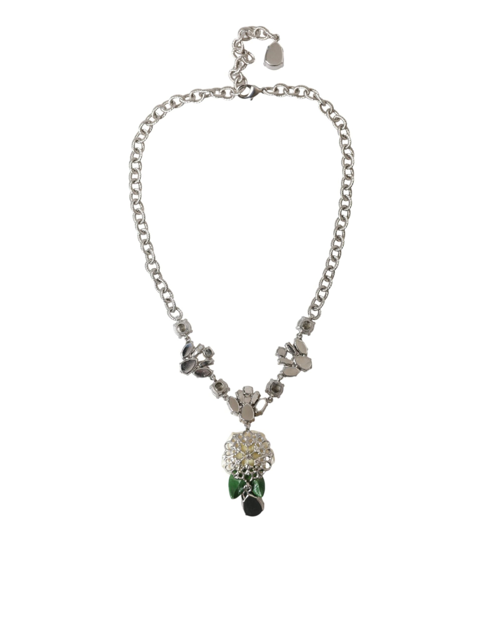 Halskette mit Rosenanhänger aus Messing in Silber mit klarem Kristall