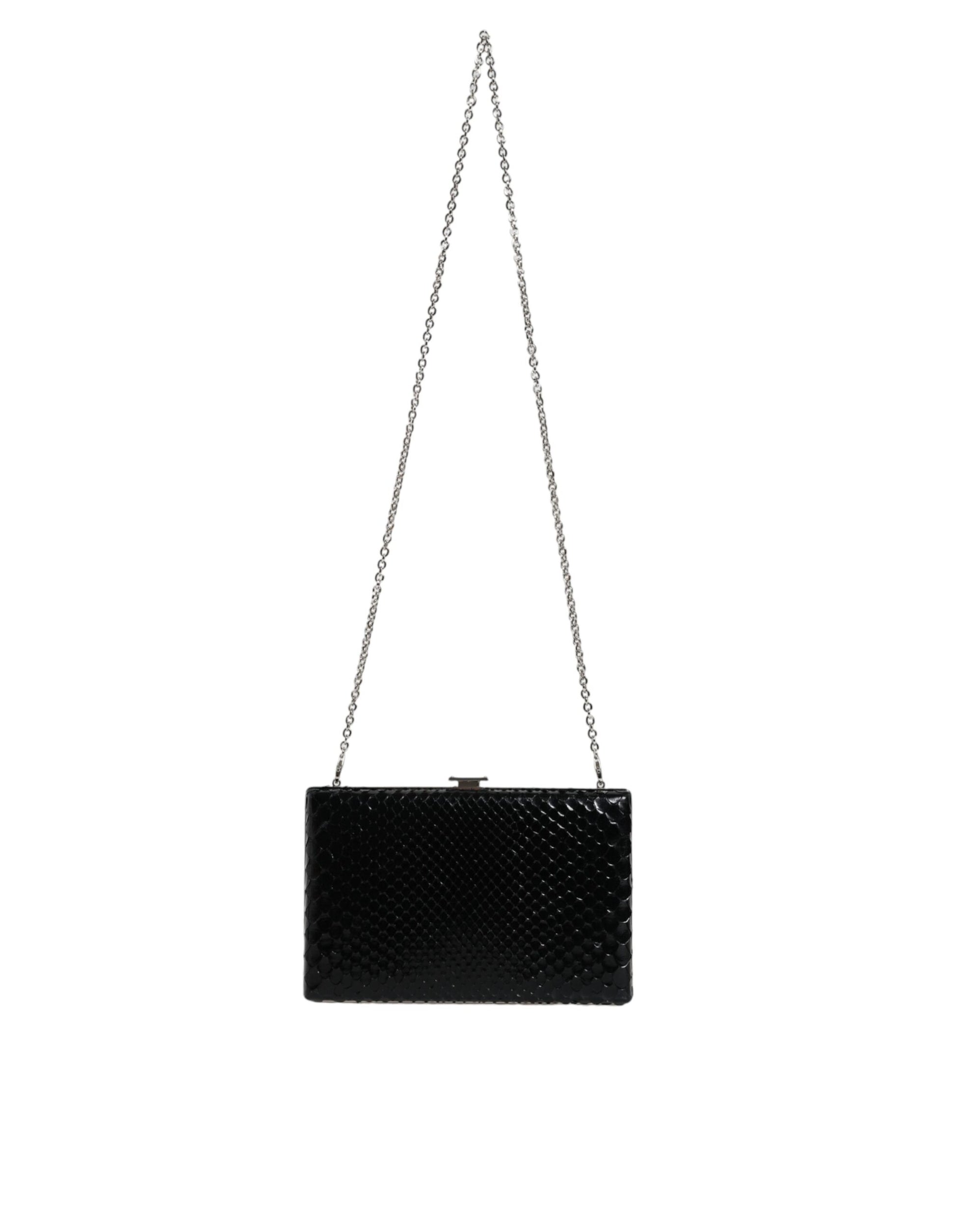 Schwarze Clutch aus Leder mit silbernem Rahmen, Mini-Umhängetasche