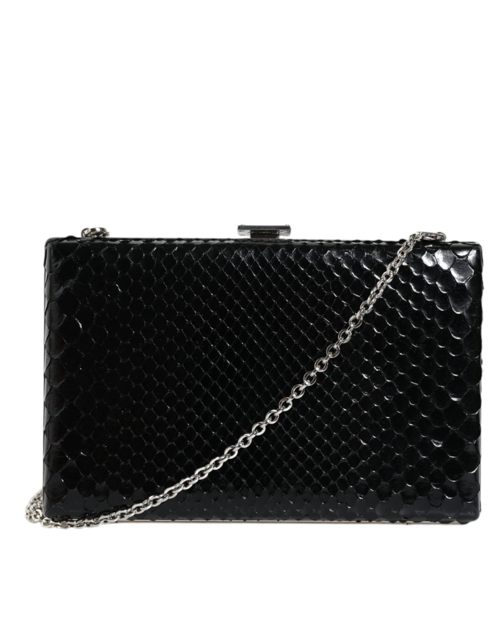 Schwarze Clutch aus Leder mit silbernem Rahmen, Mini-Umhängetasche