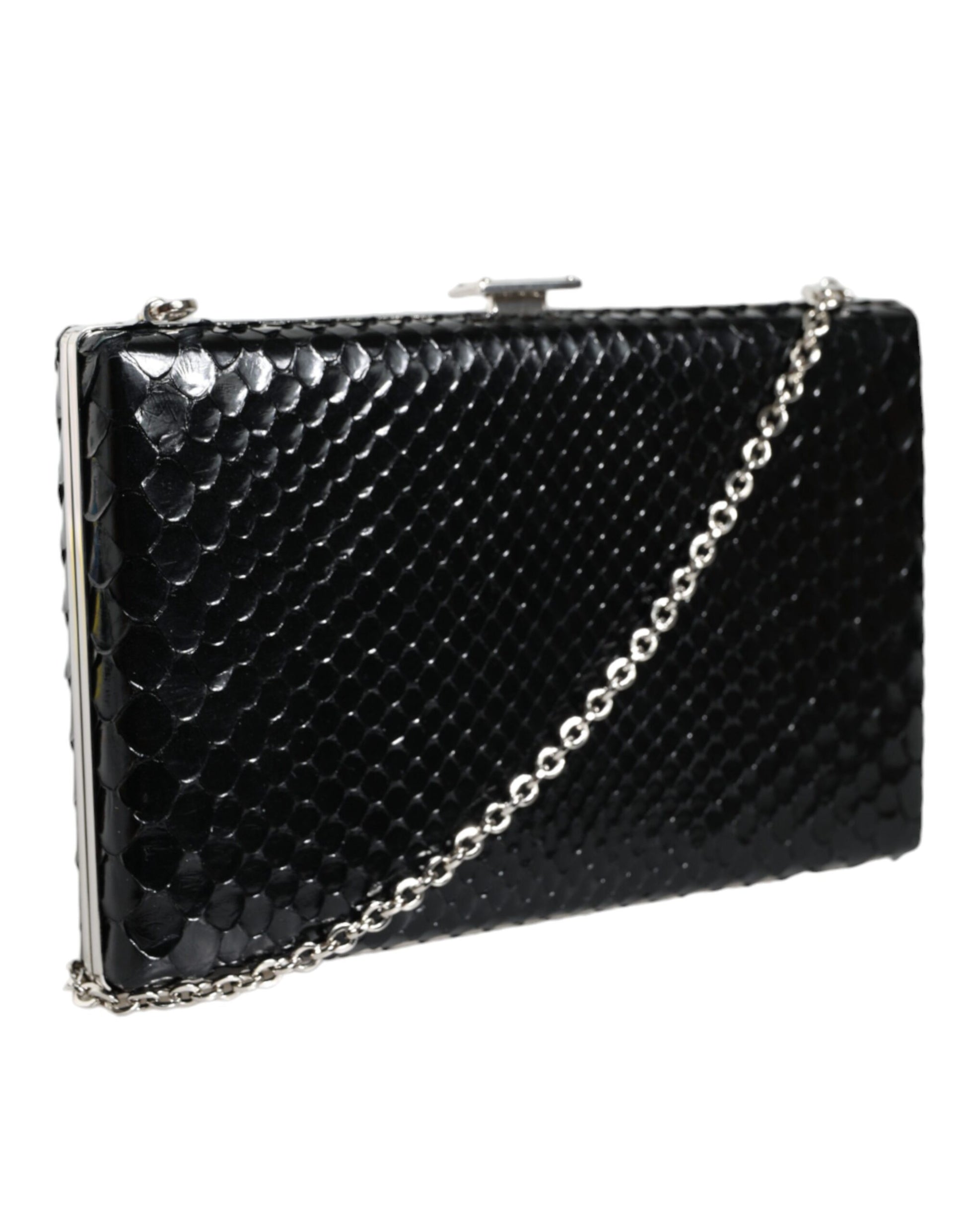 Schwarze Clutch aus Leder mit silbernem Rahmen, Mini-Umhängetasche