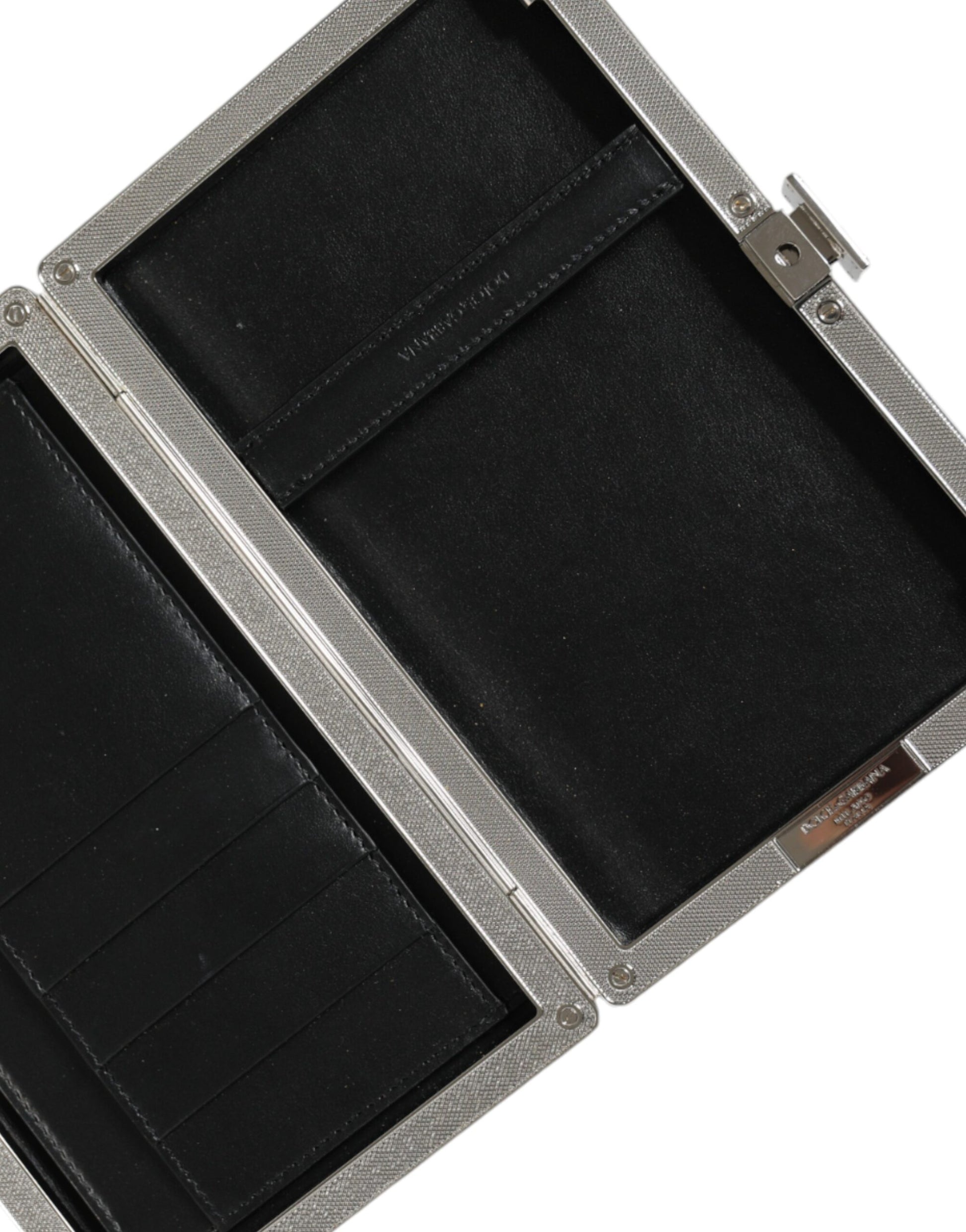 Schwarze Clutch aus Leder mit silbernem Rahmen, Mini-Umhängetasche