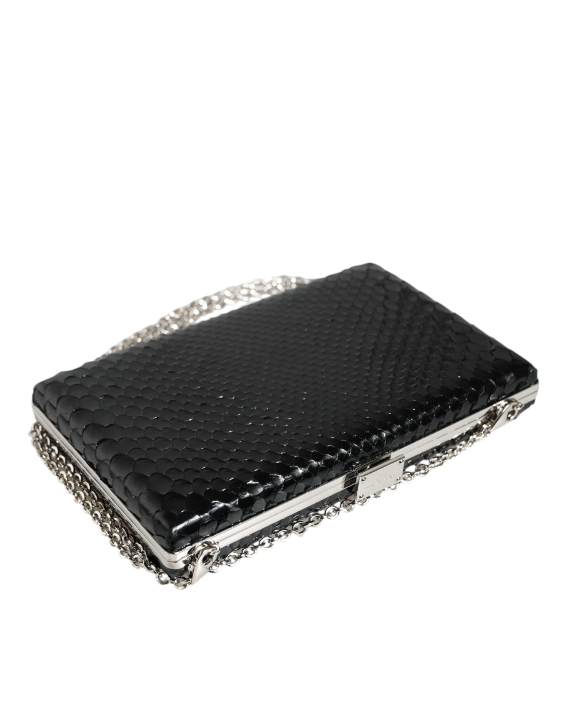 Schwarze Clutch aus Leder mit silbernem Rahmen, Mini-Umhängetasche