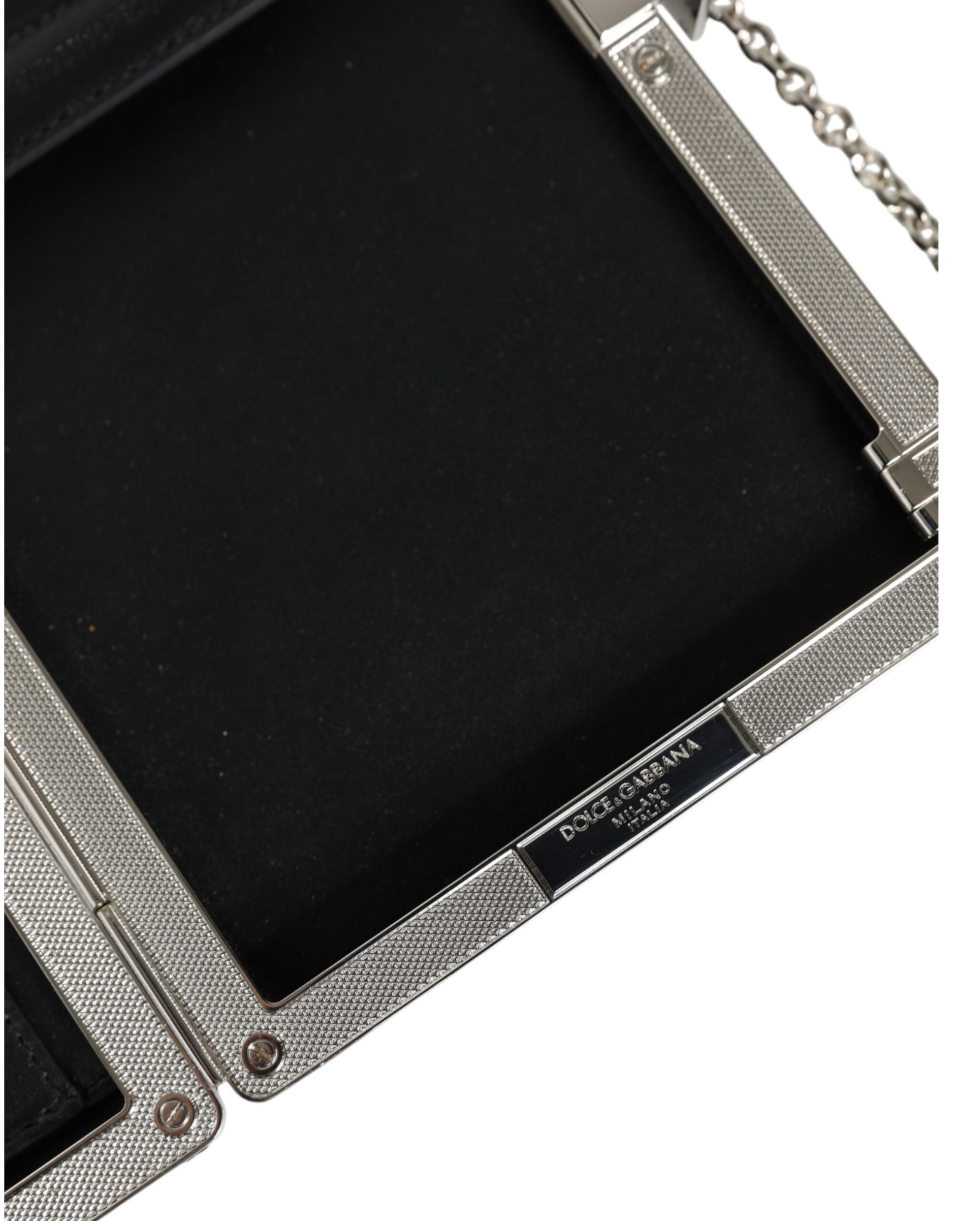 Schwarze Clutch aus Leder mit silbernem Rahmen, Mini-Umhängetasche