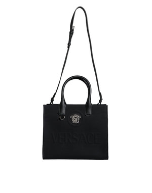 Schwarze Umhängetasche aus Canvas und Leder mit Logo