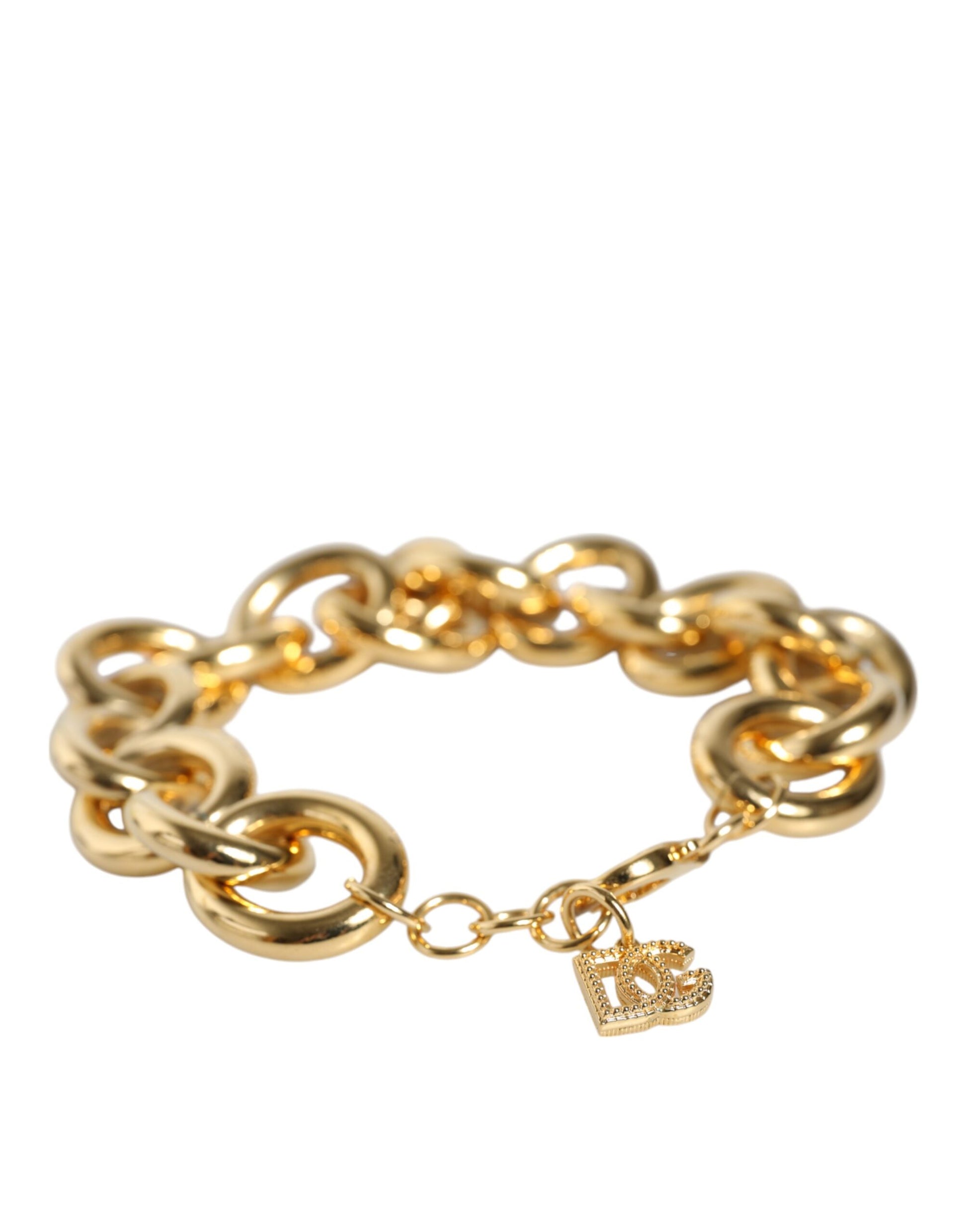 Goldfarbenes Maxi-Kettenarmband aus Messing mit Karabinerverschluss und Logo