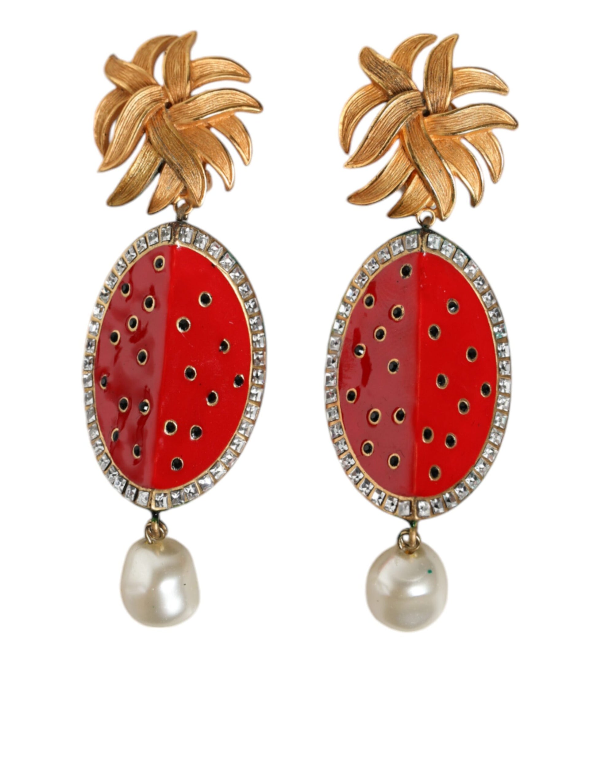 Rote Wassermelone Gold Messing Kristall Clip Baumeln Ohrringe