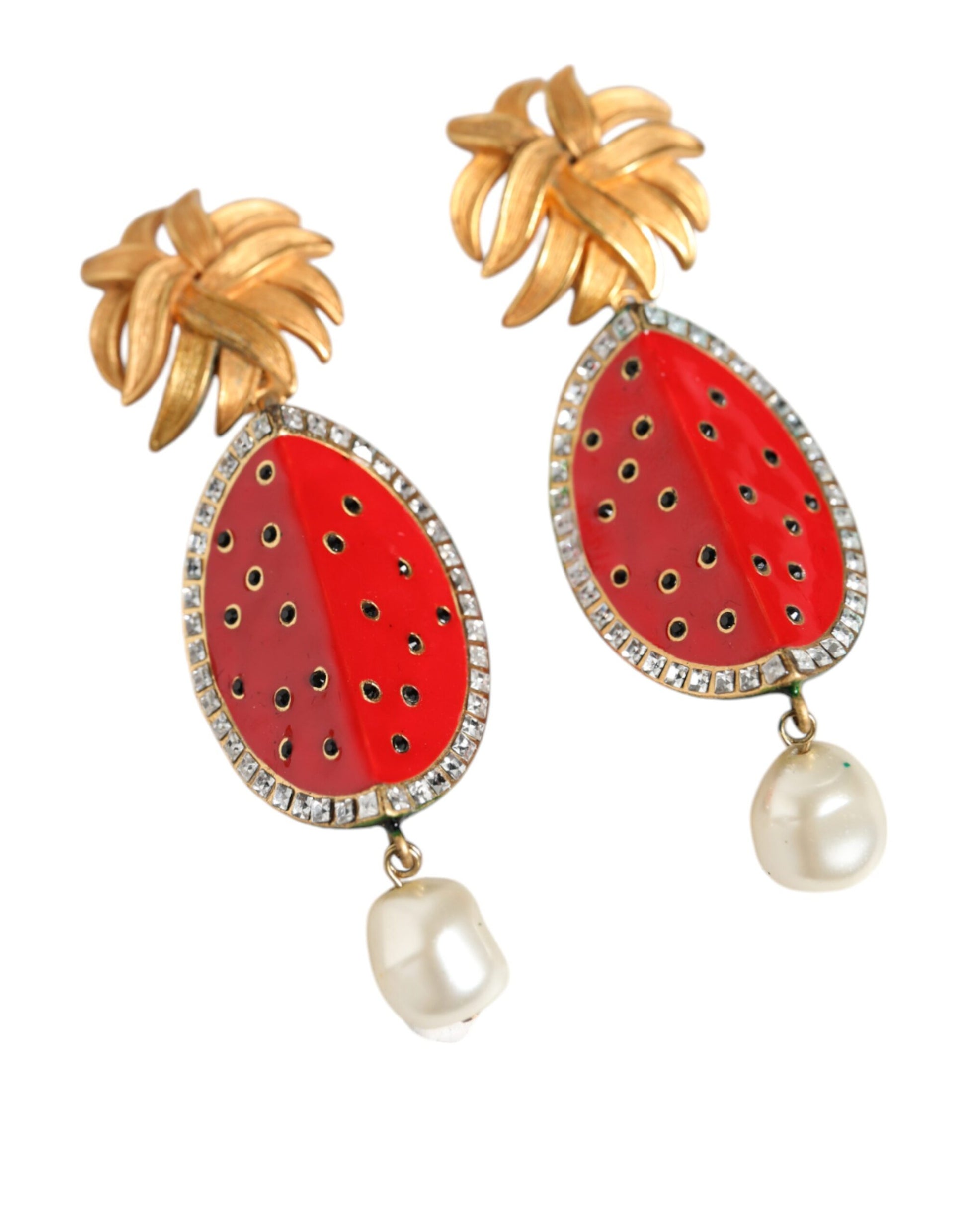 Rote Wassermelone Gold Messing Kristall Clip Baumeln Ohrringe