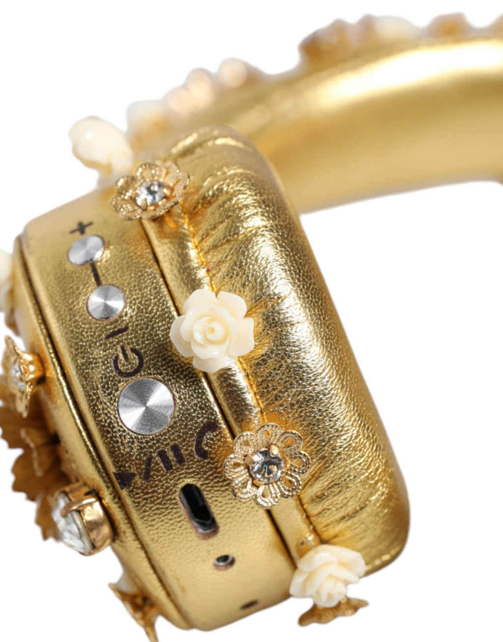 Goldene Leder-Kopfhörer mit Blumen- und Kristallengel-Motiv