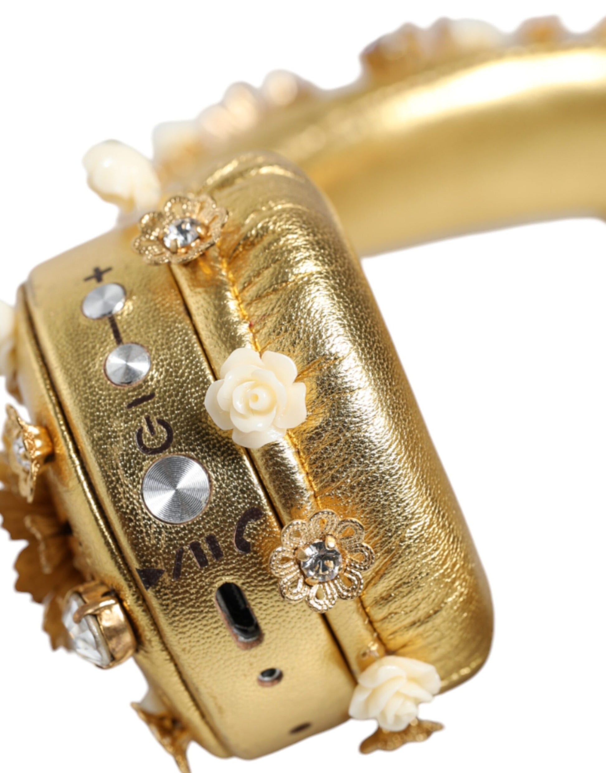 Goldene Leder-Kopfhörer mit Blumen- und Kristallengel-Motiv