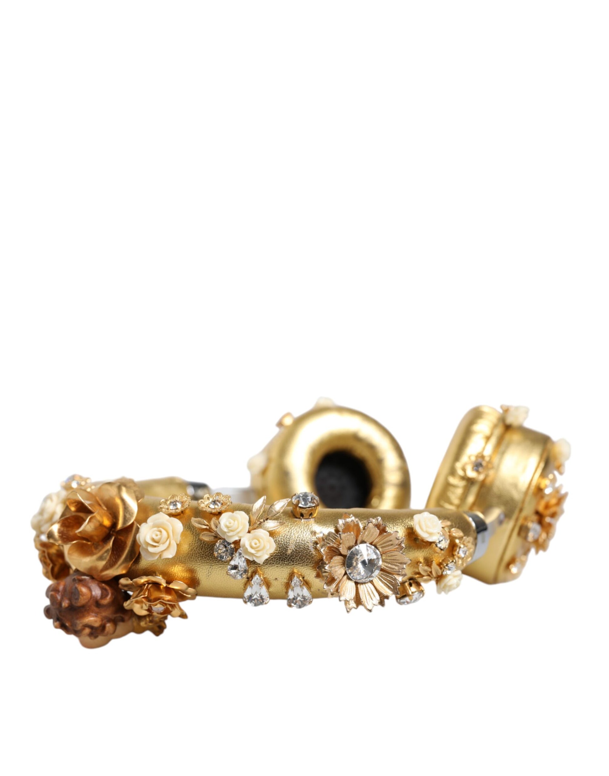 Goldene Leder-Kopfhörer mit Blumen- und Kristallengel-Motiv