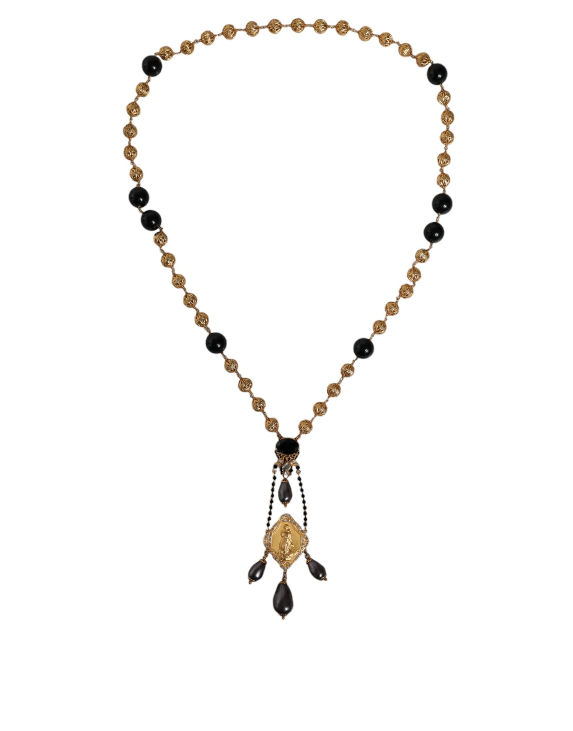 Goldkette Messing Schwarze Perlen Rosenkranz Stil Halskette