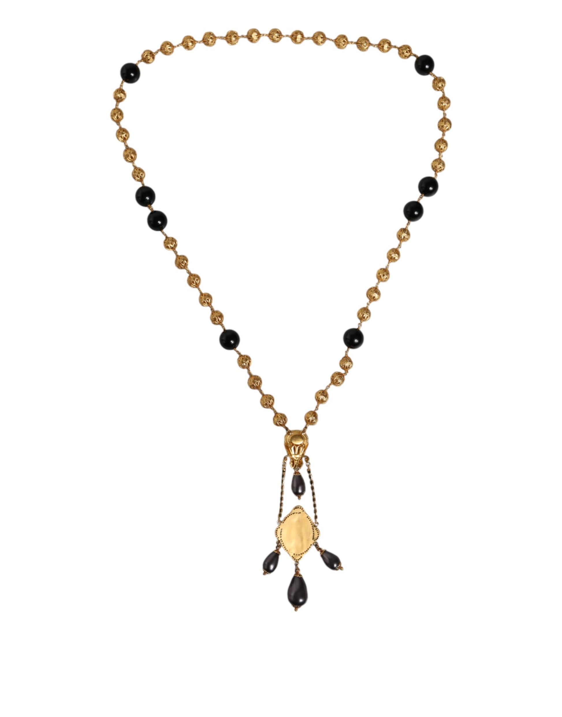 Goldkette Messing Schwarze Perlen Rosenkranz Stil Halskette