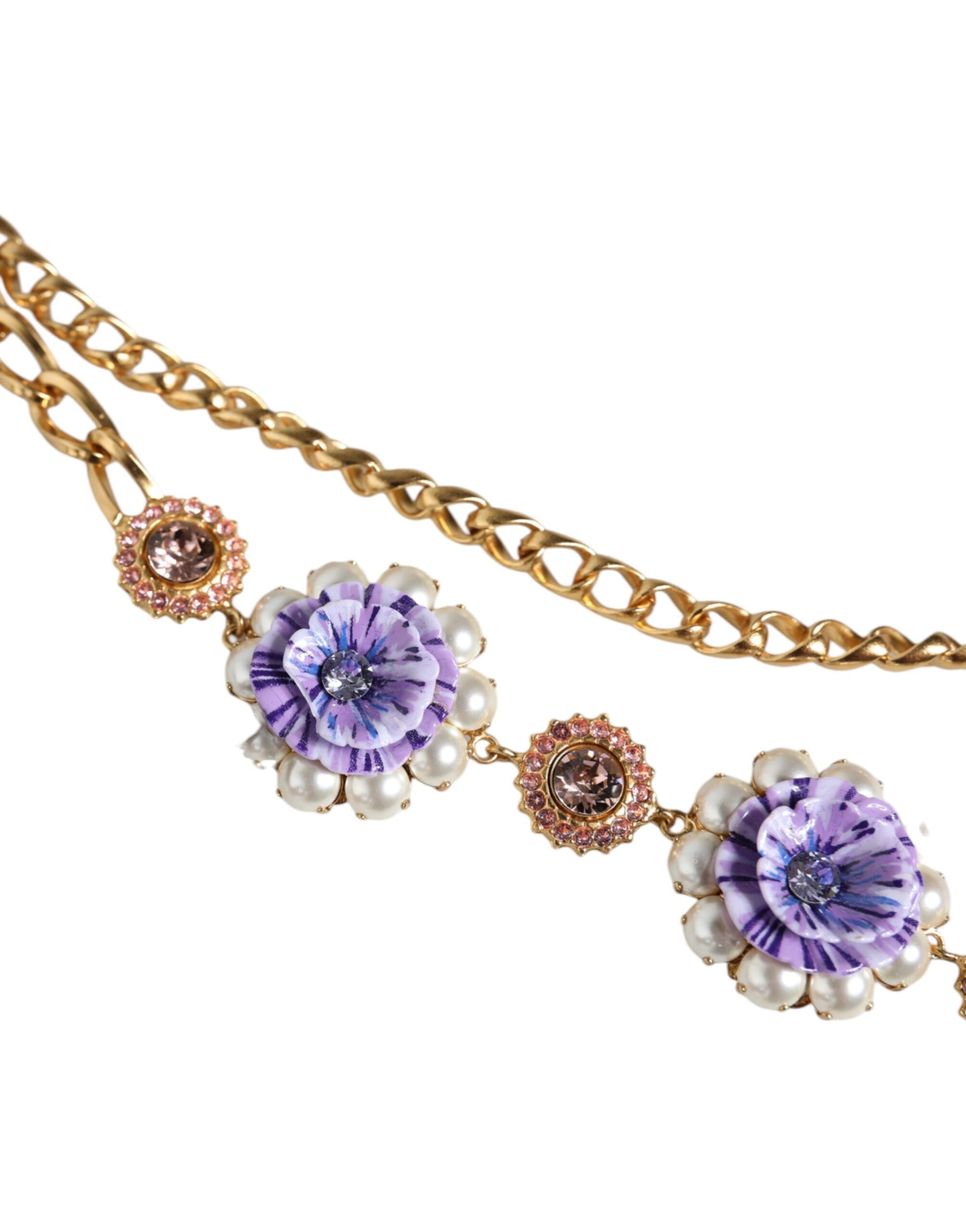 Goldfarbene, mehrreihige Halskette mit floralen Kristallen