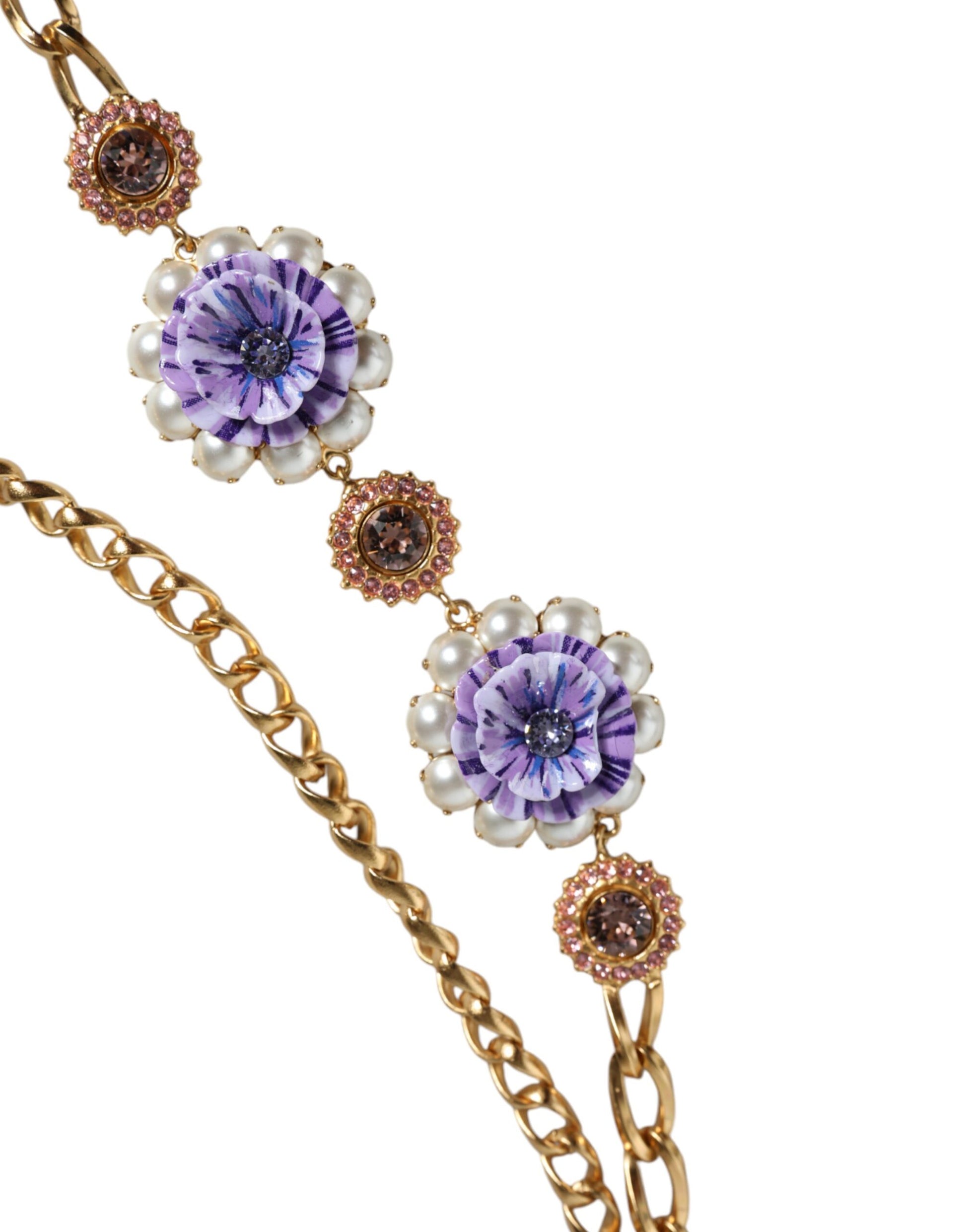 Goldfarbene, mehrreihige Halskette mit floralen Kristallen