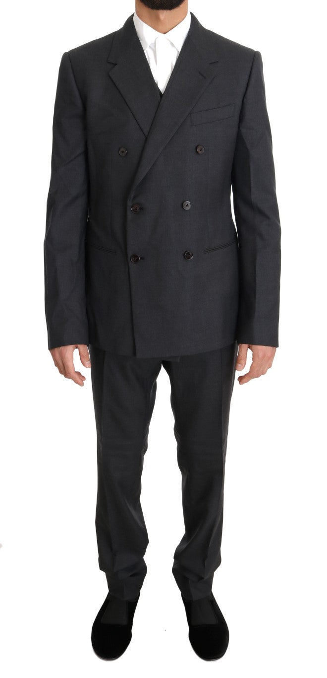 Grauer zweireihiger Slim-Fit-Anzug aus Wolle und Seide