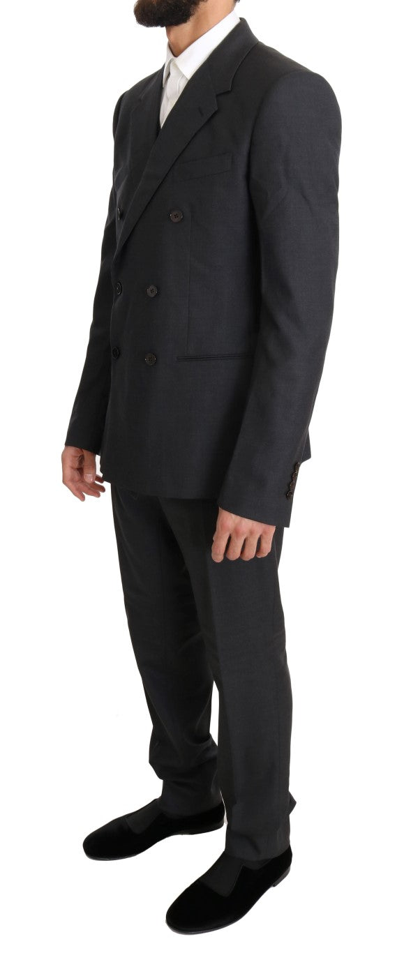 Grauer zweireihiger Slim-Fit-Anzug aus Wolle und Seide