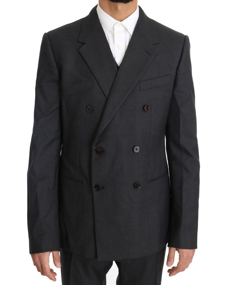 Grauer zweireihiger Slim-Fit-Anzug aus Wolle und Seide