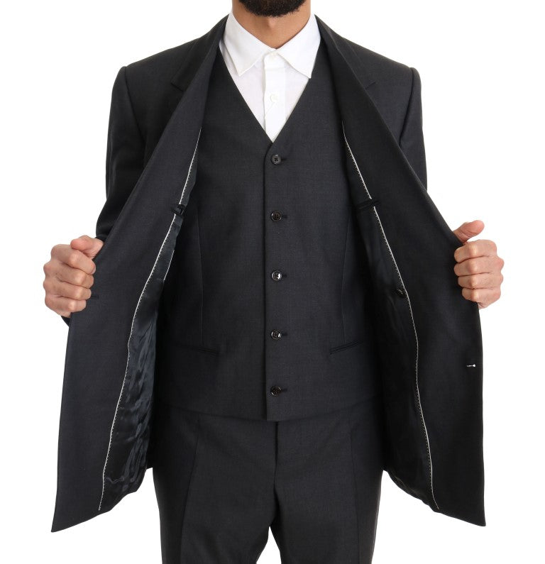 Grauer zweireihiger Slim-Fit-Anzug aus Wolle und Seide