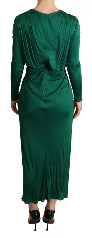 Dunkelgrünes Viskose-Midikleid mit langen Ärmeln