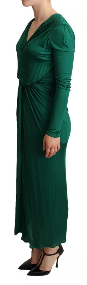 Dunkelgrünes Viskose-Midikleid mit langen Ärmeln