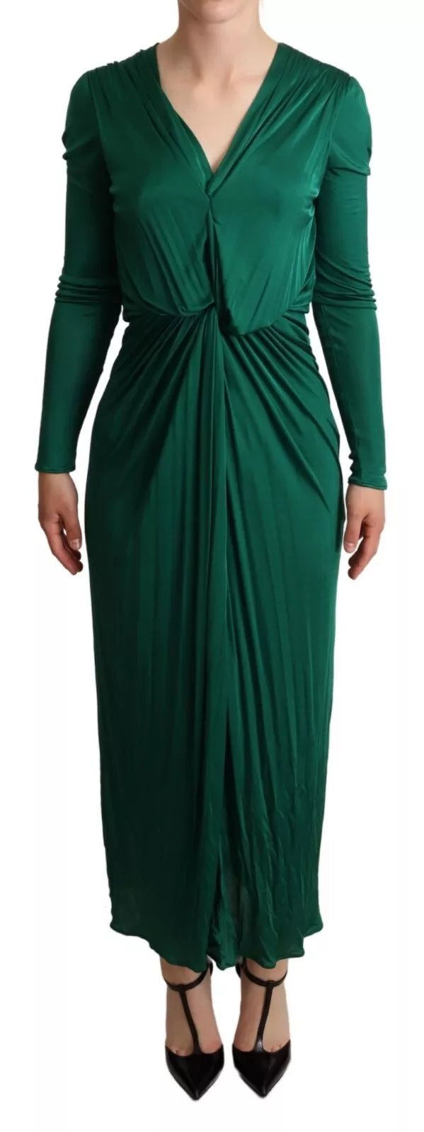 Dunkelgrünes Viskose-Midikleid mit langen Ärmeln