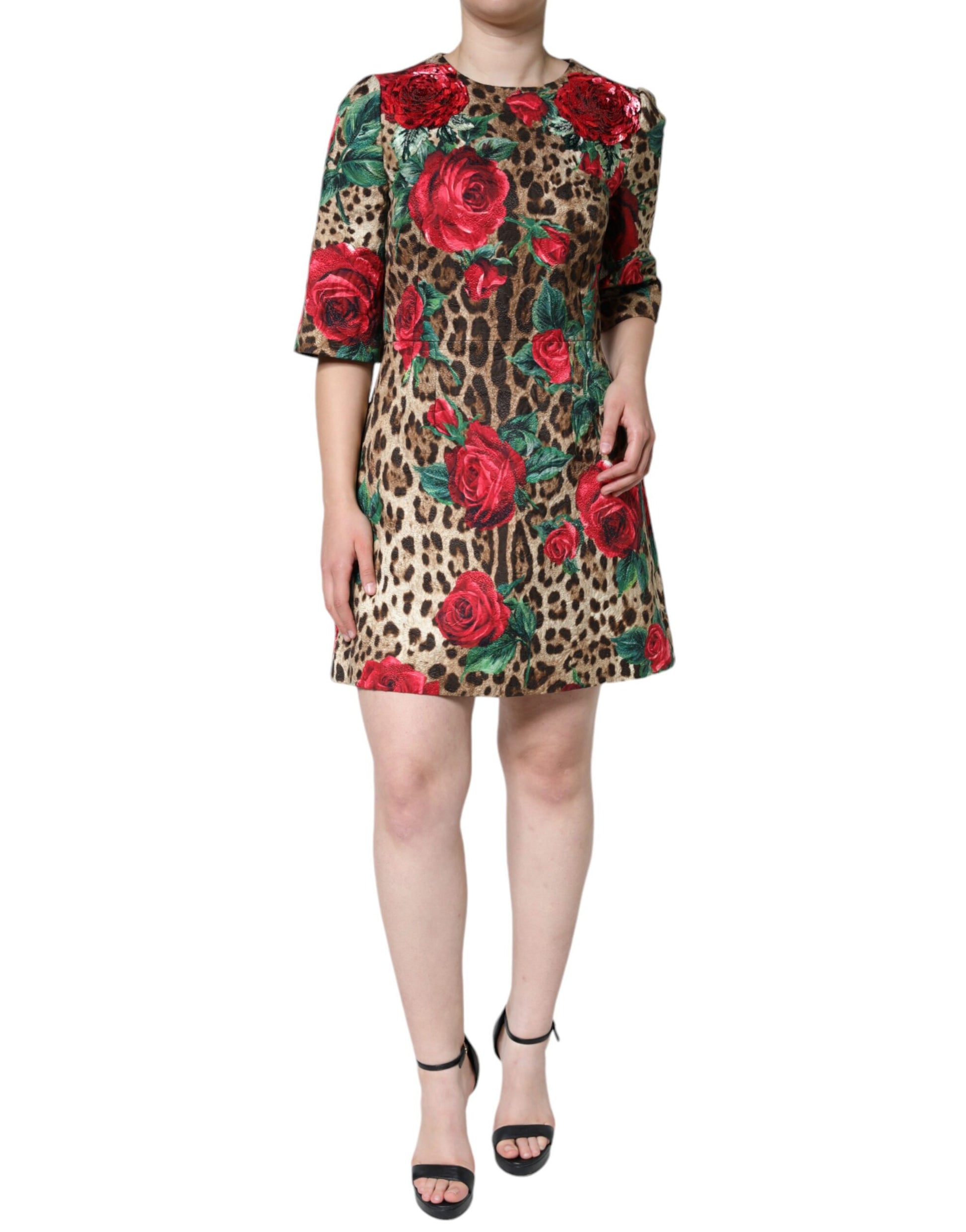 Braunes Leoparden-A-Linien-Kleid aus Baumwolle mit roten Rosen
