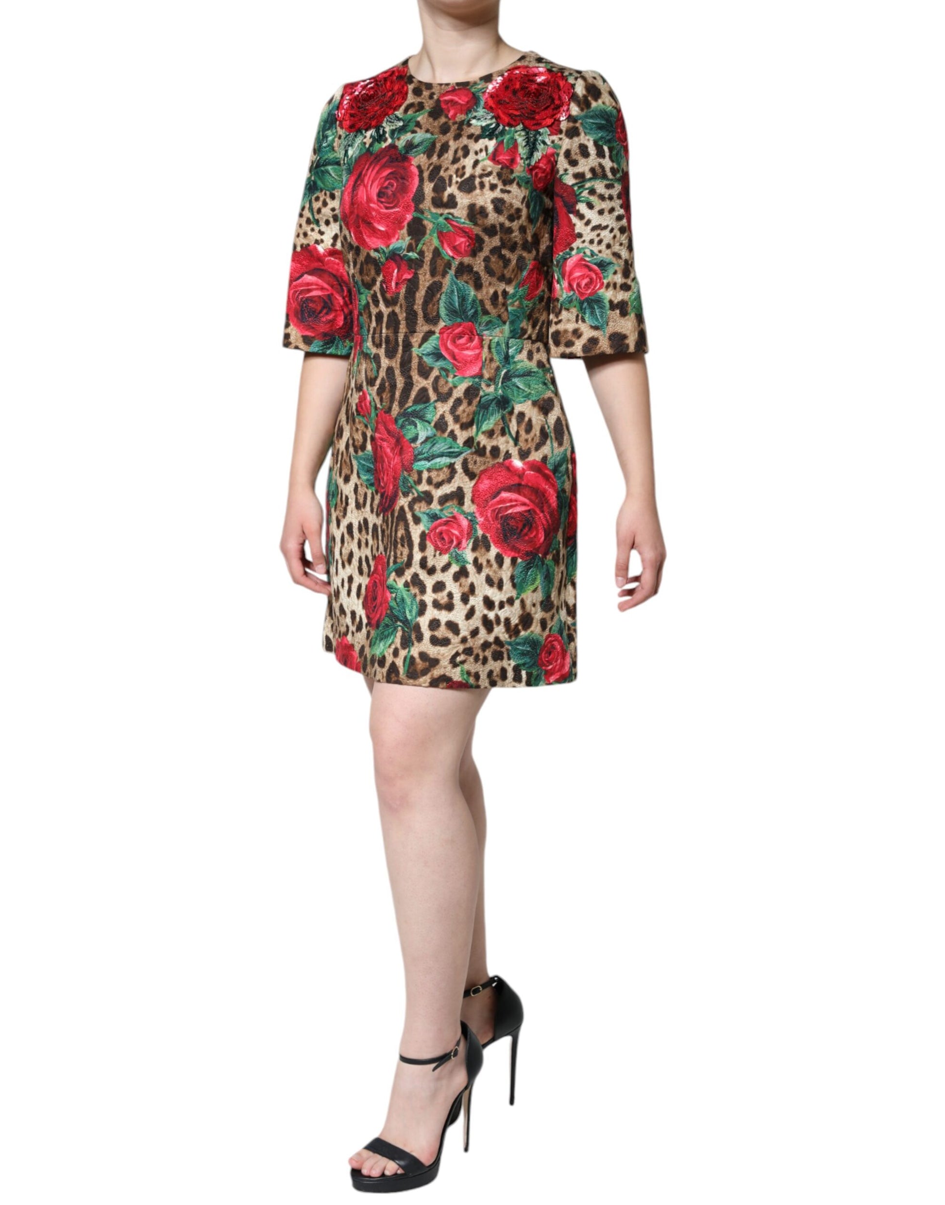 Braunes Leoparden-A-Linien-Kleid aus Baumwolle mit roten Rosen