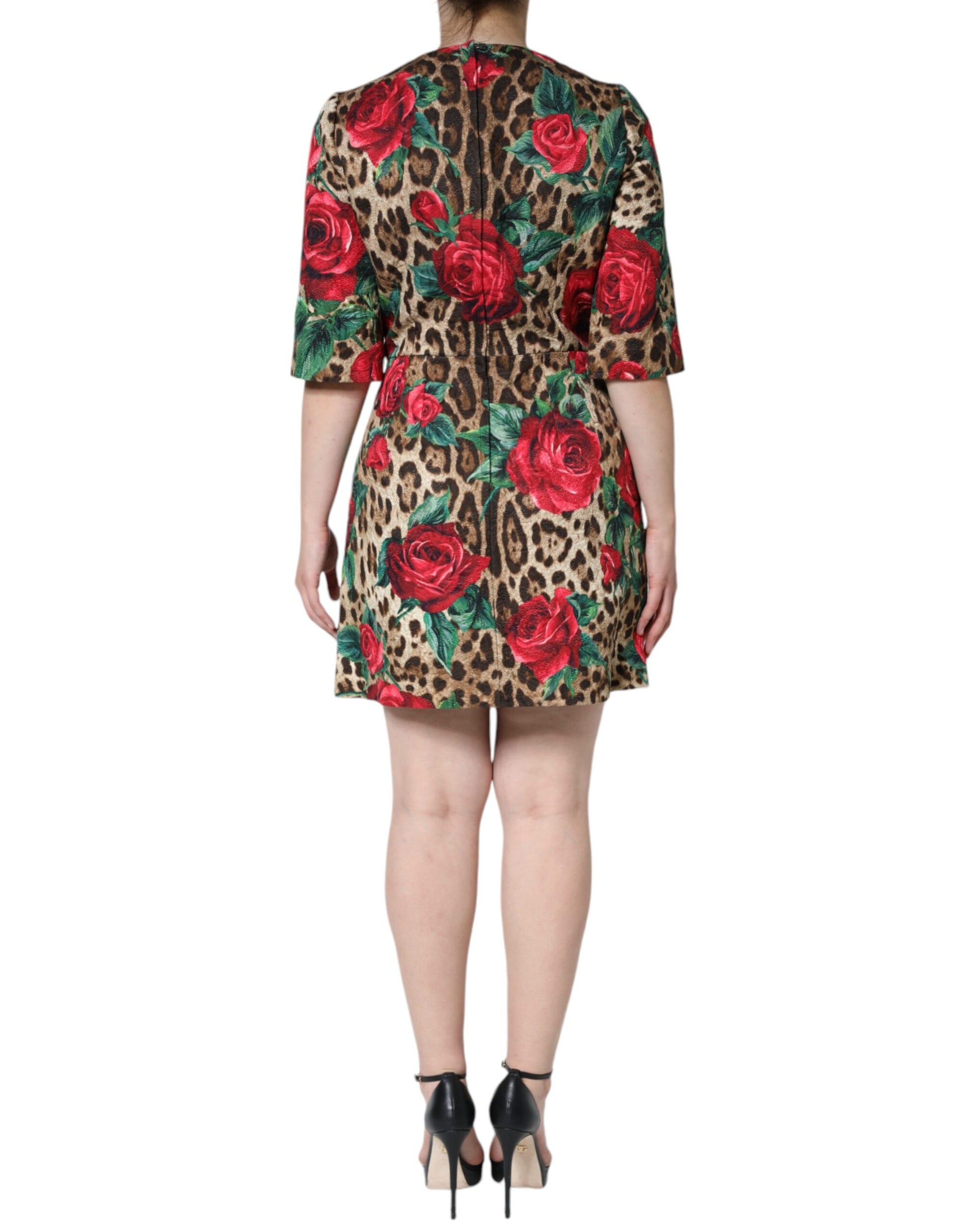 Braunes Leoparden-A-Linien-Kleid aus Baumwolle mit roten Rosen
