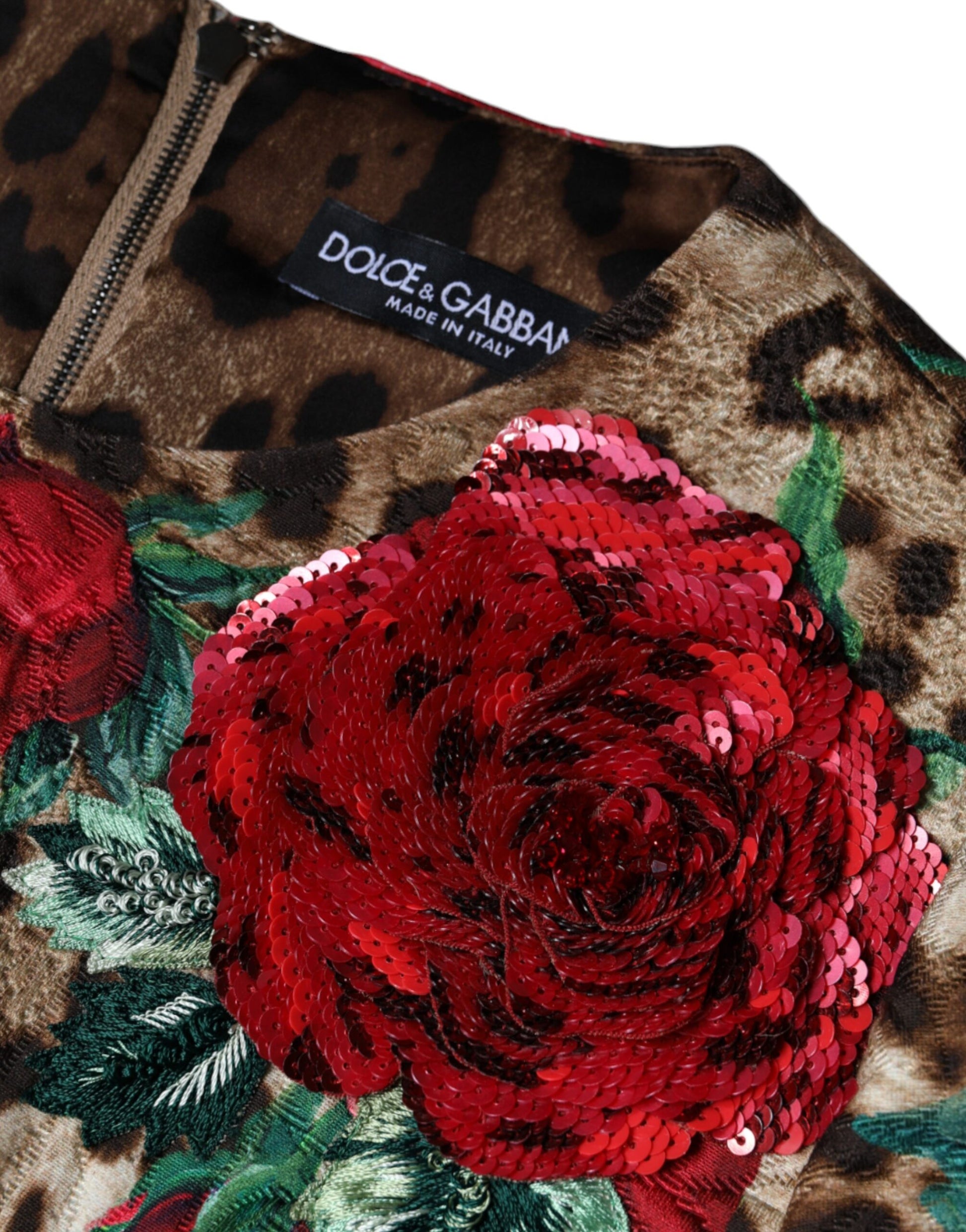 Braunes Leoparden-A-Linien-Kleid aus Baumwolle mit roten Rosen