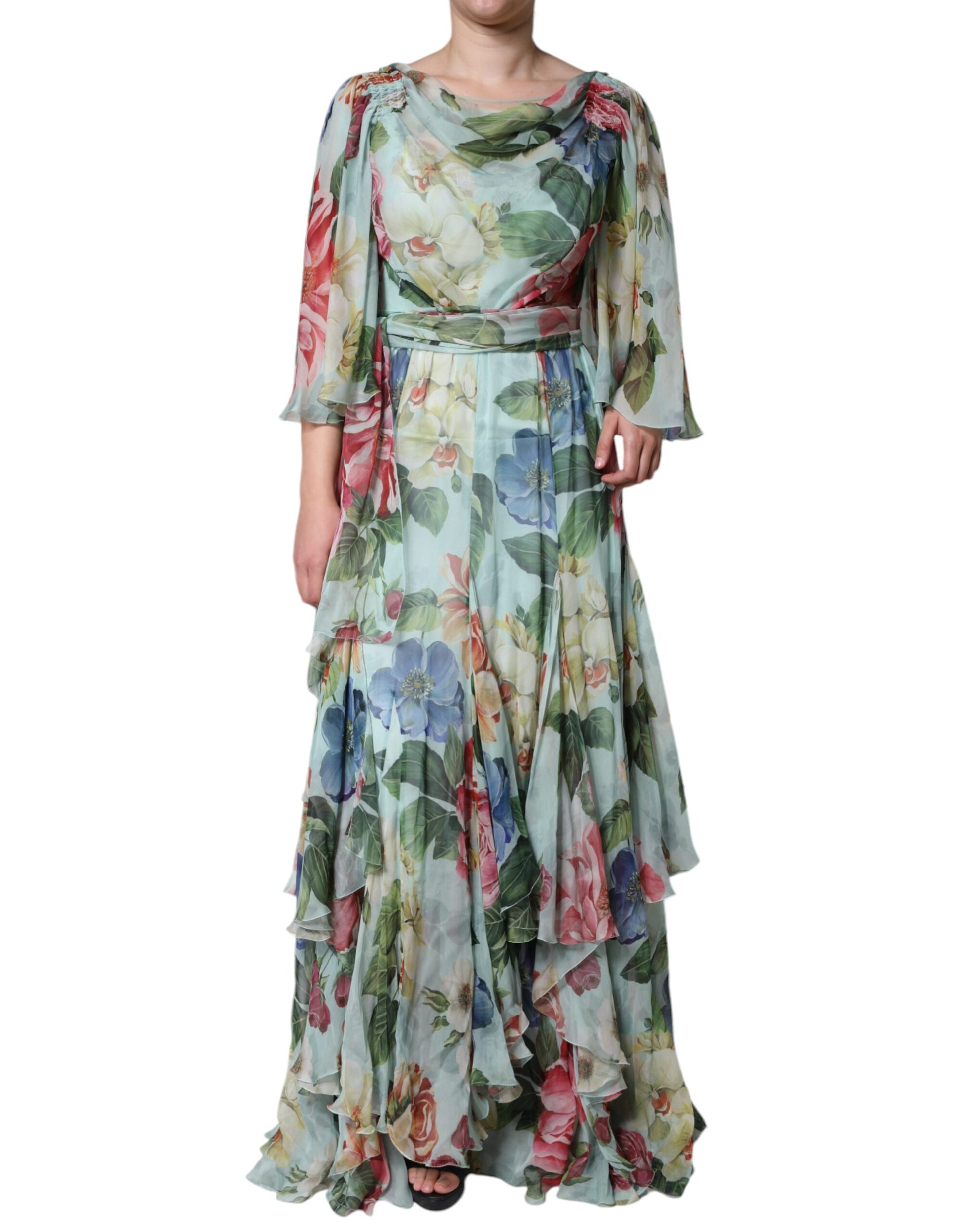 Langes Seidenkleid mit mehrfarbigem Blumenmuster
