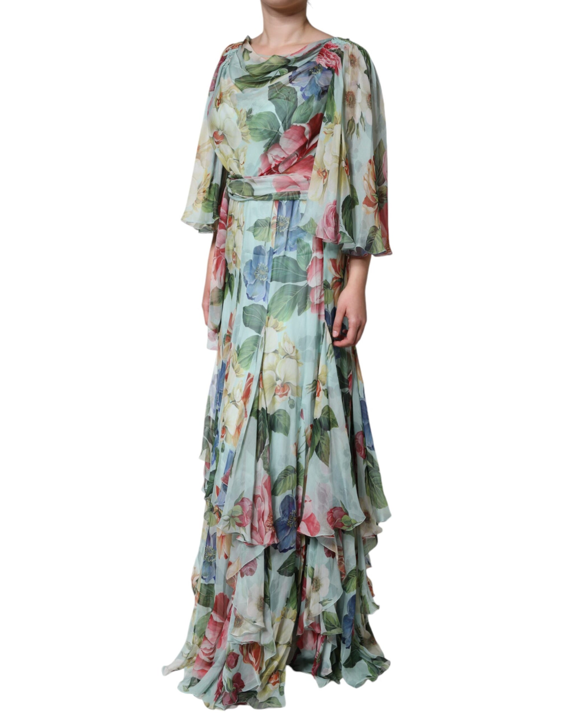 Langes Seidenkleid mit mehrfarbigem Blumenmuster