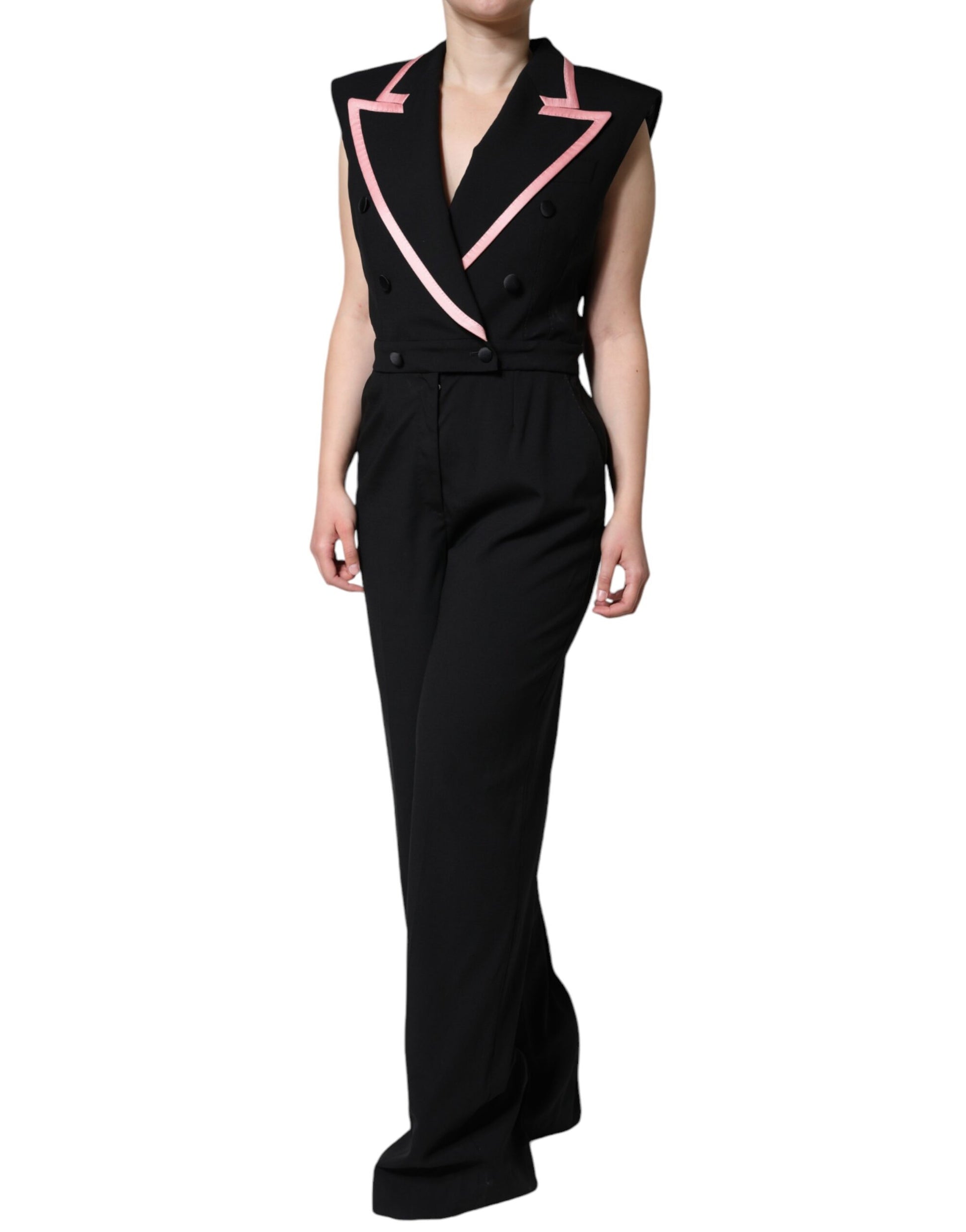 Schwarzes ärmelloses Jumpsuit-Kleid aus Wollmischung