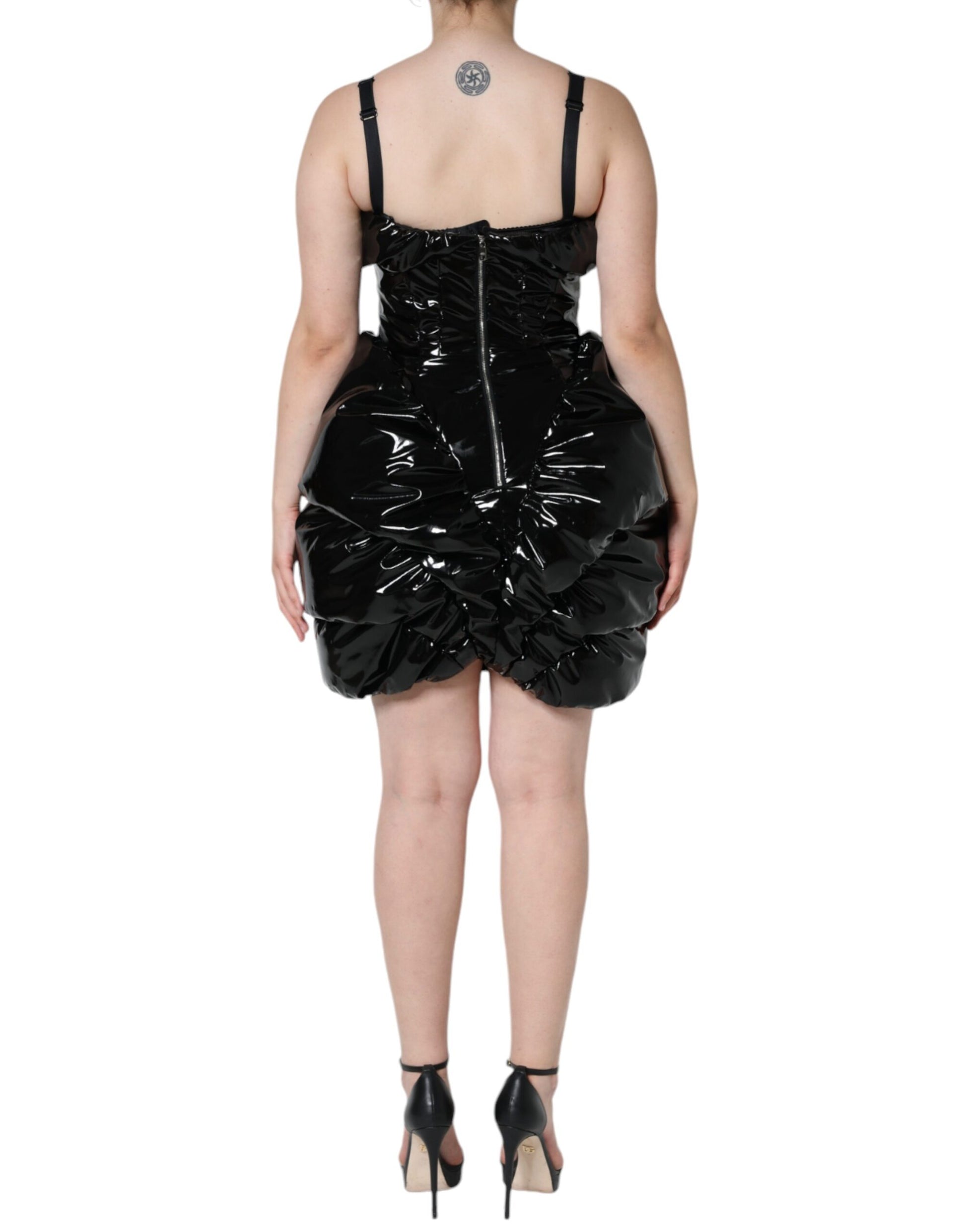 Schwarzes, gerüschtes, beschichtetes Minikleid aus Polyester