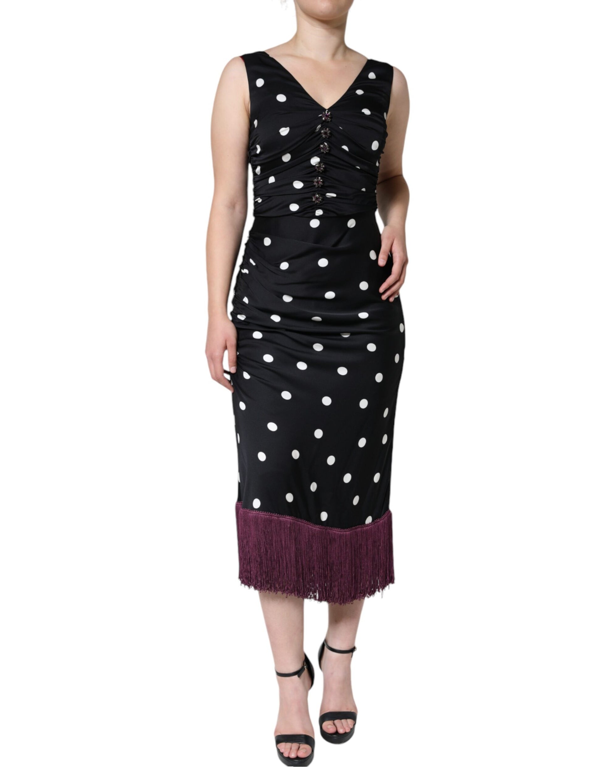 Schwarzes Midikleid aus Seide mit Polka Dots und V-Ausschnitt und Quasten