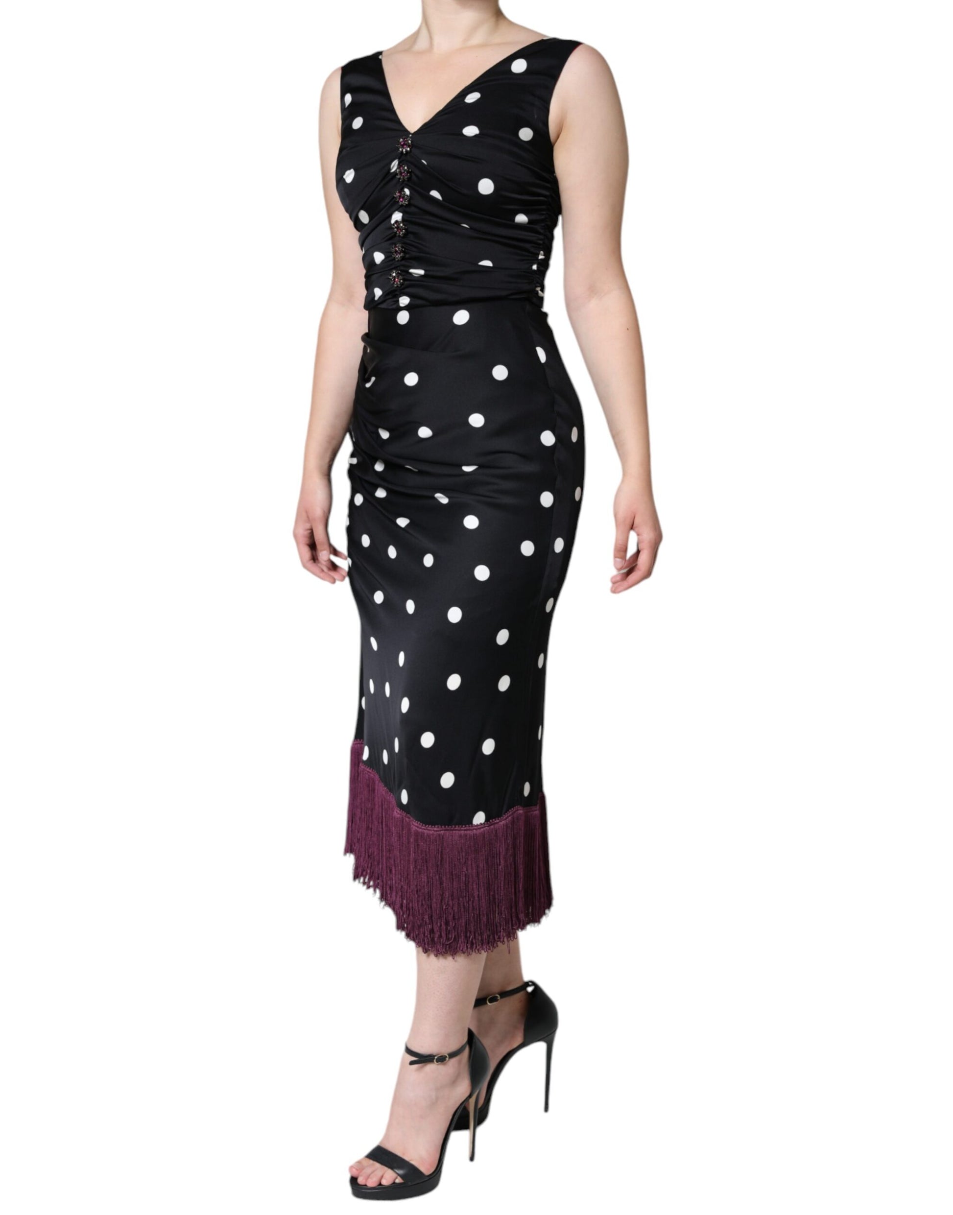 Schwarzes Midikleid aus Seide mit Polka Dots und V-Ausschnitt und Quasten