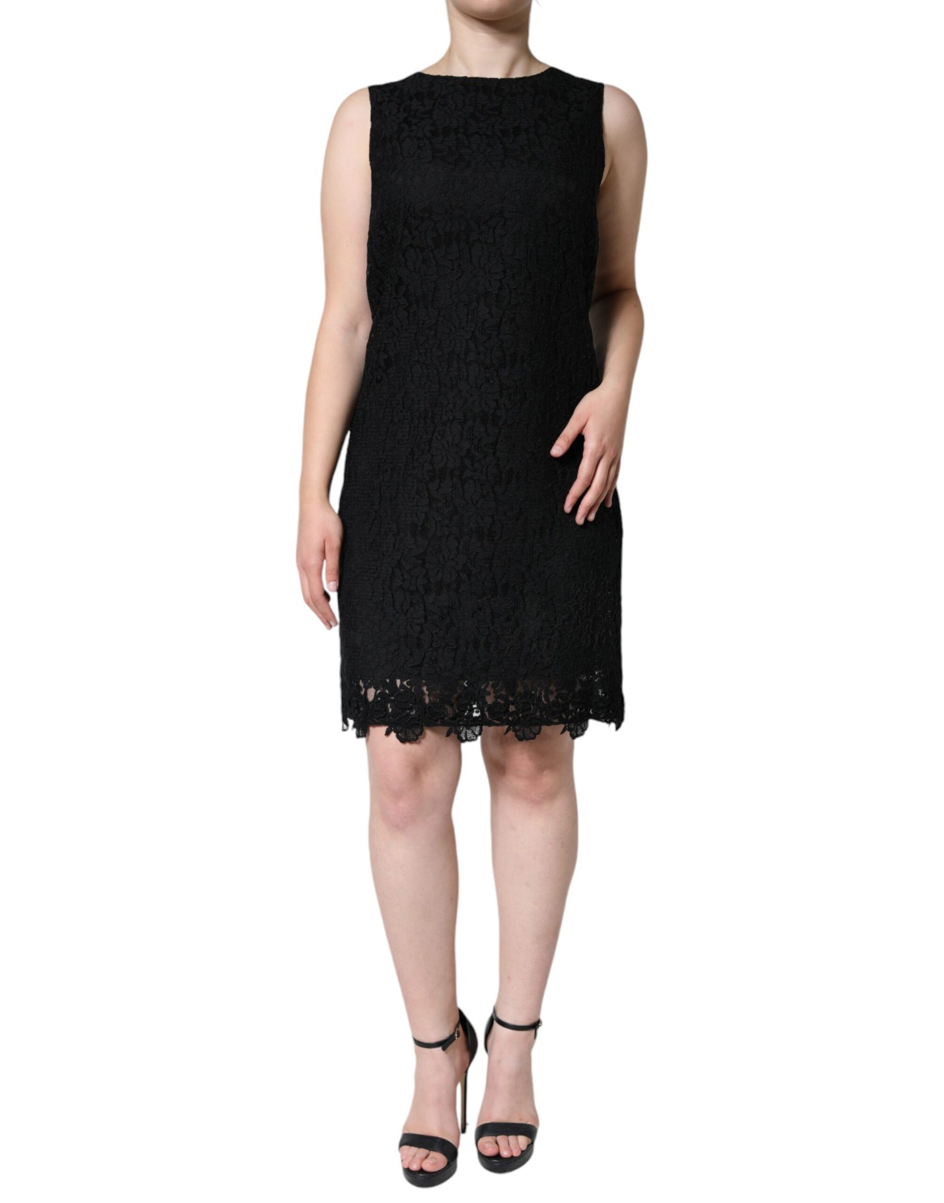Schwarzes, ärmelloses Minikleid mit floraler Spitze