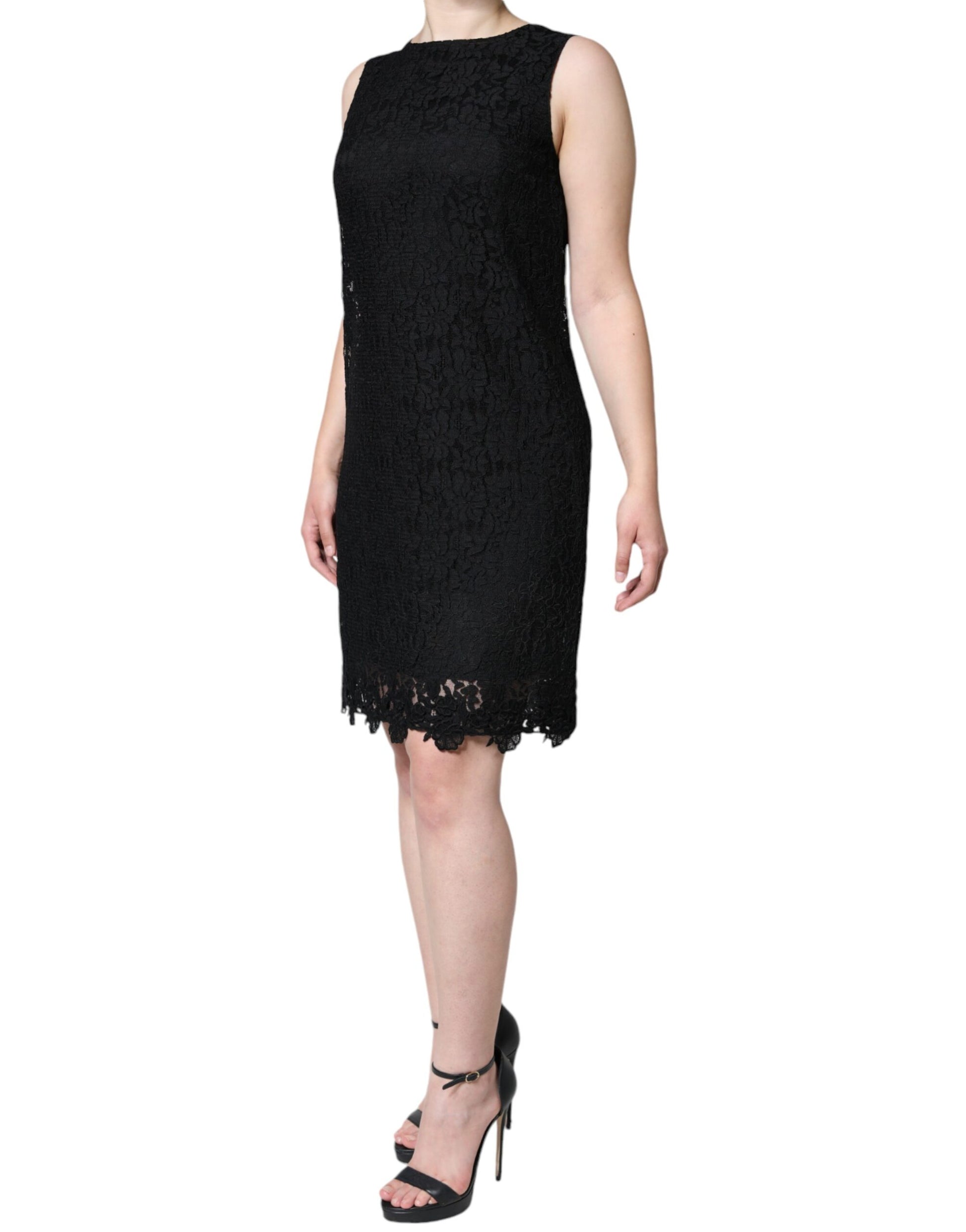Schwarzes, ärmelloses Minikleid mit floraler Spitze