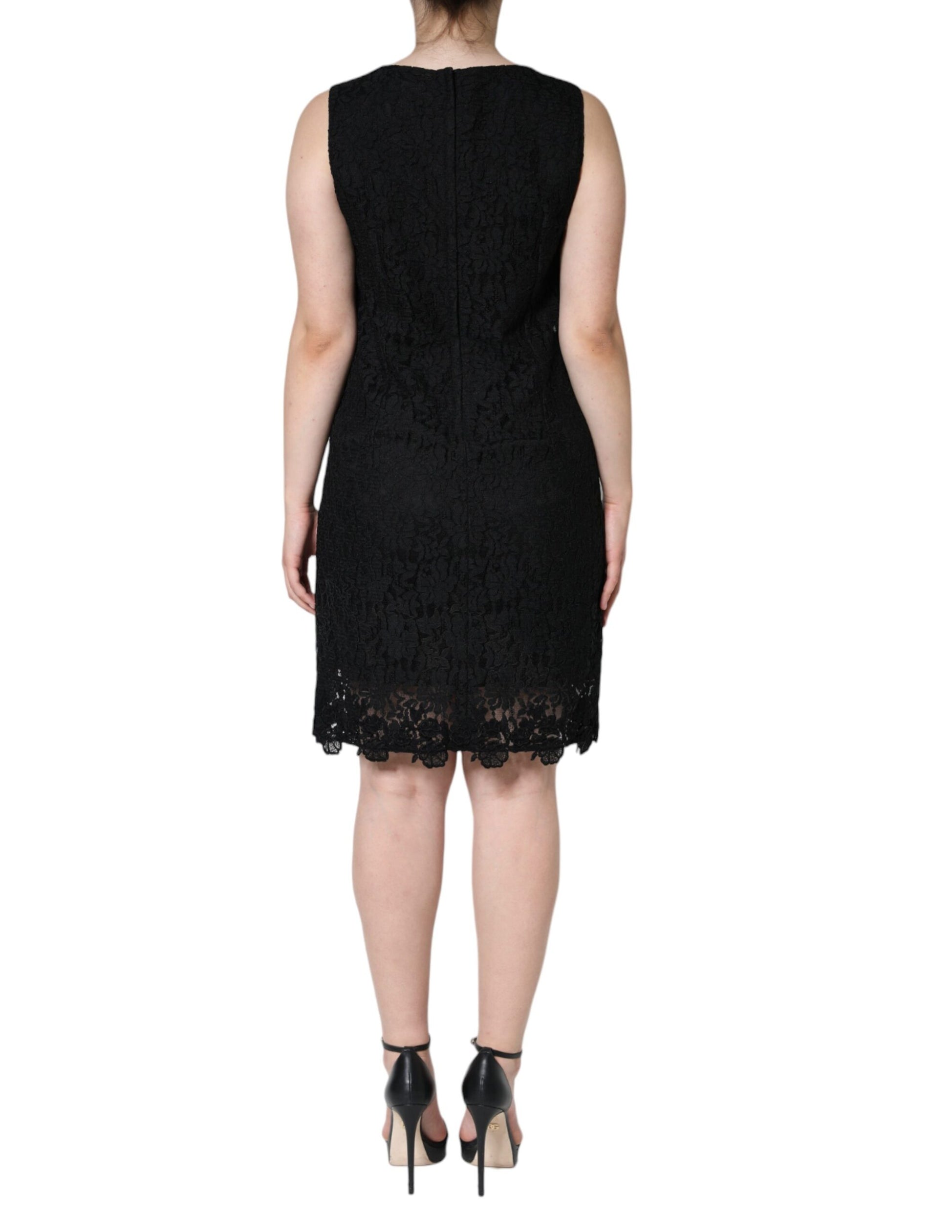 Schwarzes, ärmelloses Minikleid mit floraler Spitze