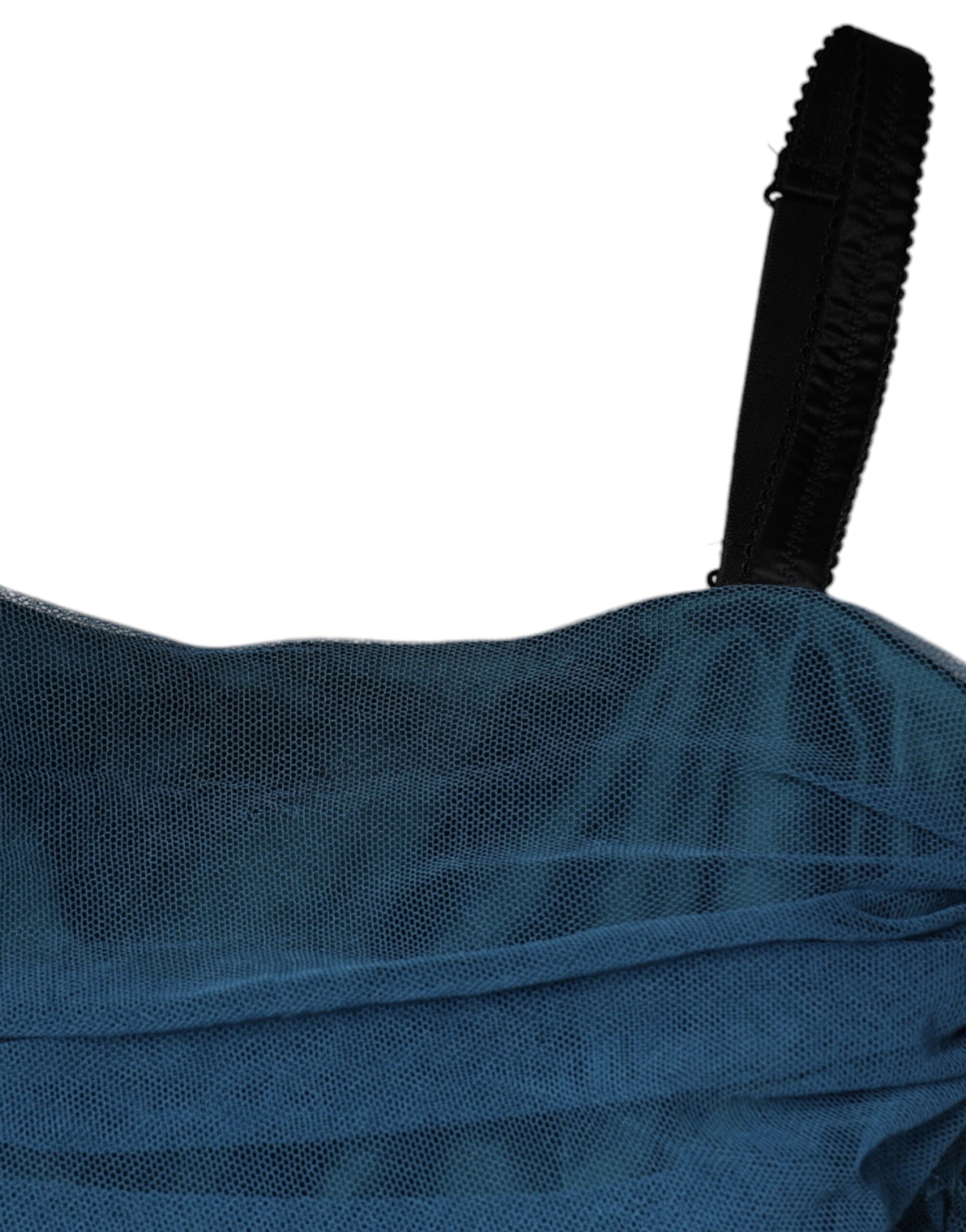 Blaues Etuikleid aus gerüschtem Tüll mit Netzbesatz