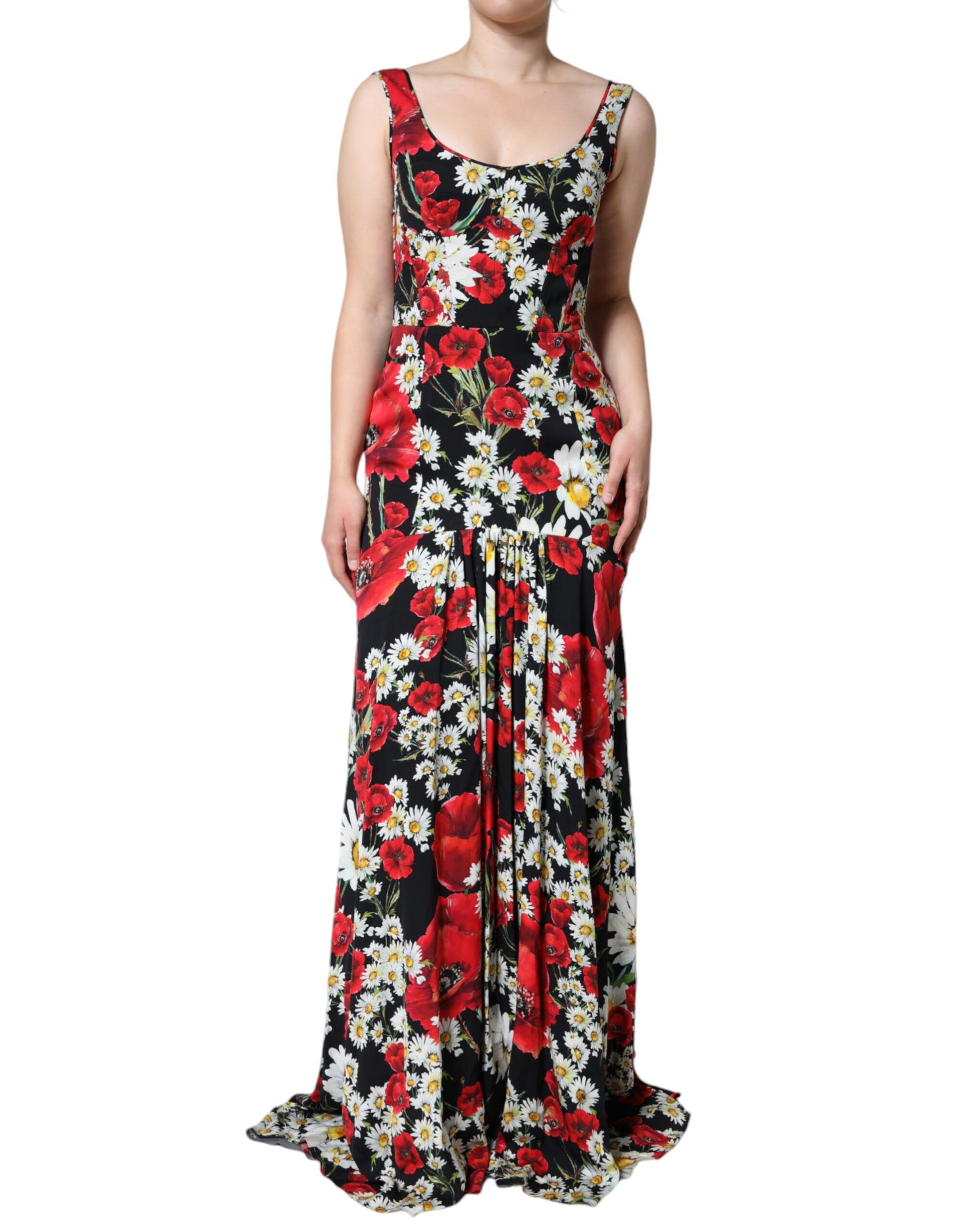 Schwarzes, ärmelloses langes Seidenkleid mit Blumenmuster