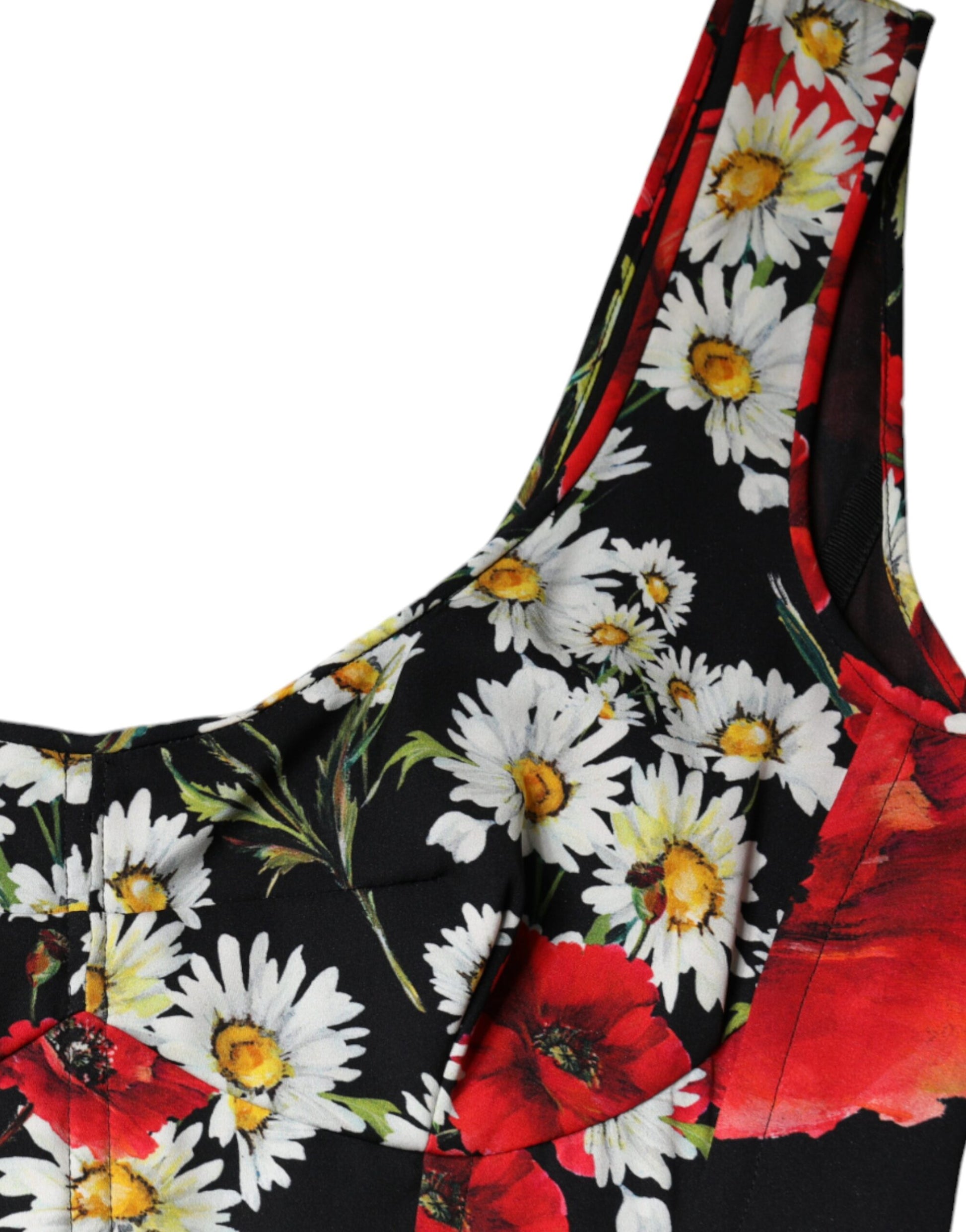 Schwarzes, ärmelloses langes Seidenkleid mit Blumenmuster